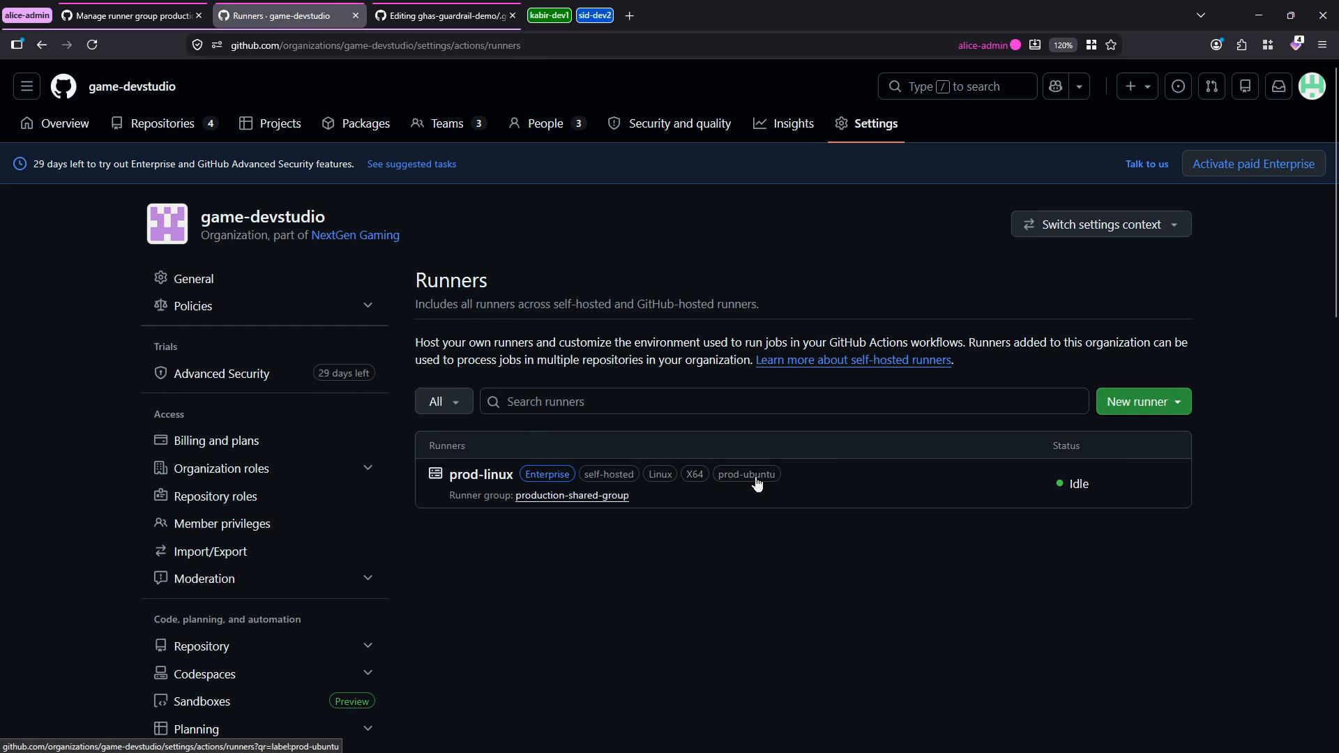 A screenshot of a GitHub organization settings page (game-devstudio) showing the Actions → Runners view with a self-hosted runner named "prod-linux" listed as Idle. The left sidebar navigation and a "New runner" button are also visible.