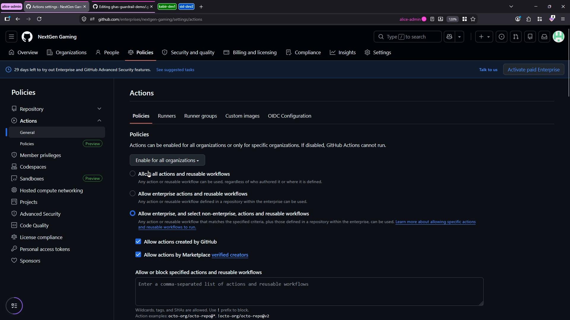 A dark-mode screenshot of a GitHub Enterprise settings page for the "NextGen Gaming" organization, showing the Policies → Actions settings. The panel lists options for enabling Actions, choosing which actions/reusable workflows are allowed, and related checkboxes and input fields.
