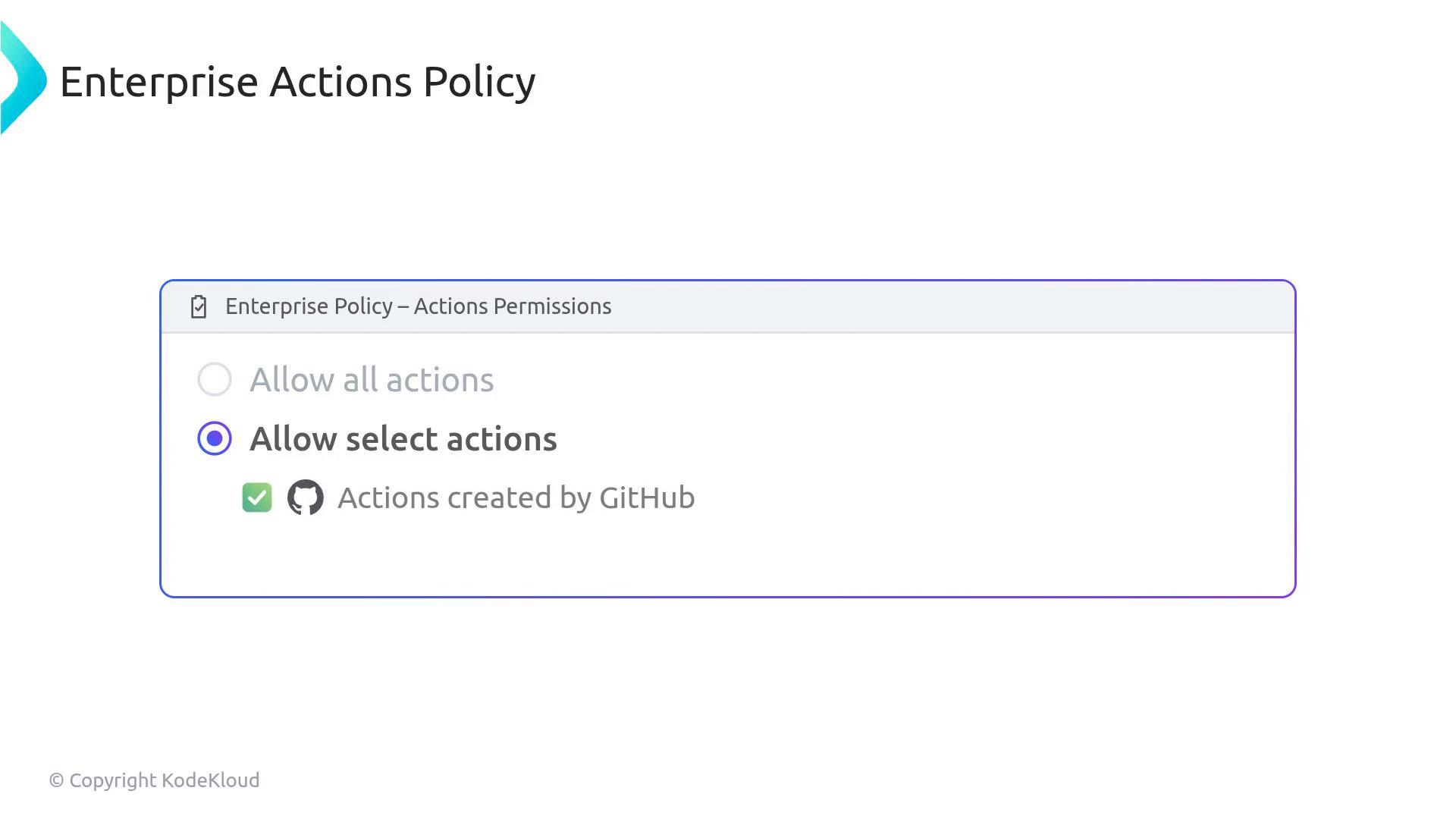 Screenshot of an "Enterprise Actions Policy" settings panel with the "Allow select actions" radio button selected and a checked item for "Actions created by GitHub."