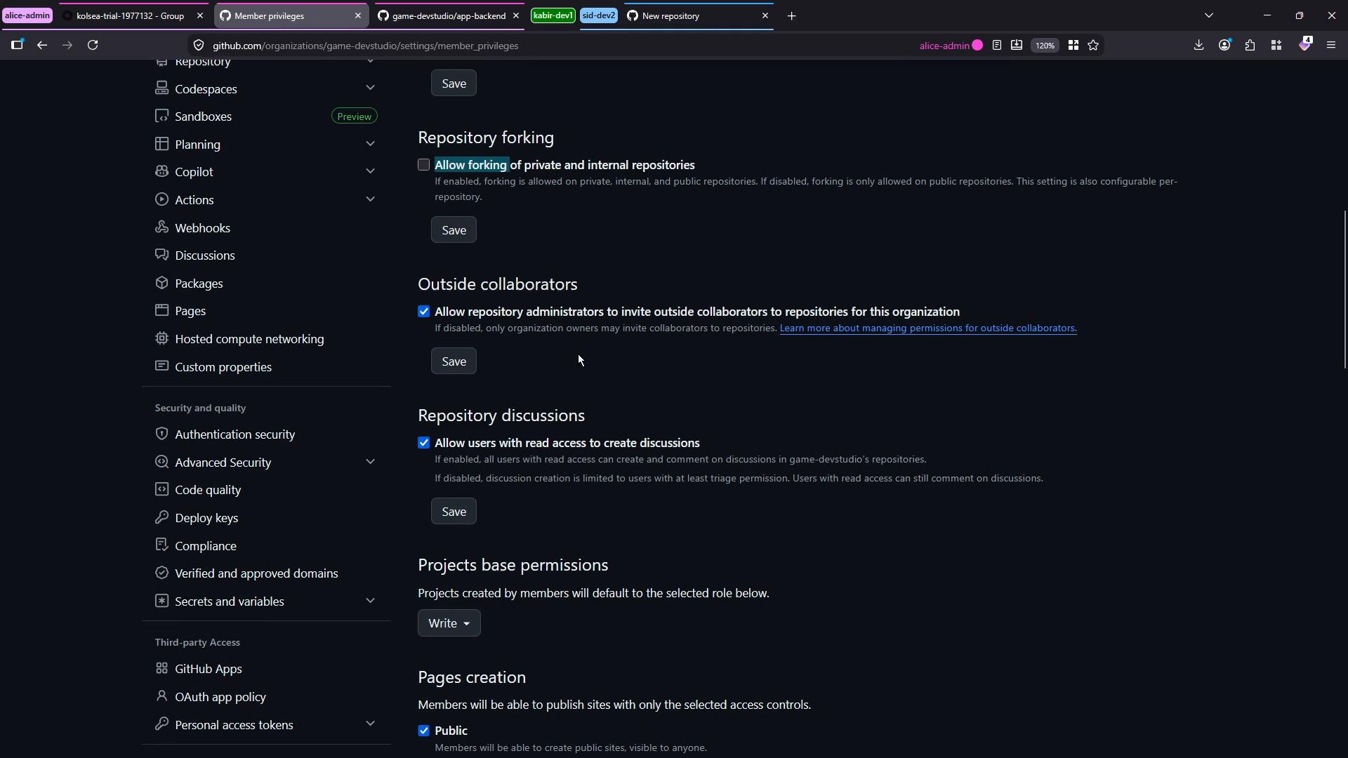 A dark-themed screenshot of a GitHub organization settings page showing "Member privileges" options like repository forking, outside collaborators, repository discussions, and projects/pages permissions with checkboxes and Save buttons. The left sidebar shows other settings categories (Codespaces, Actions, Webhooks, etc.).