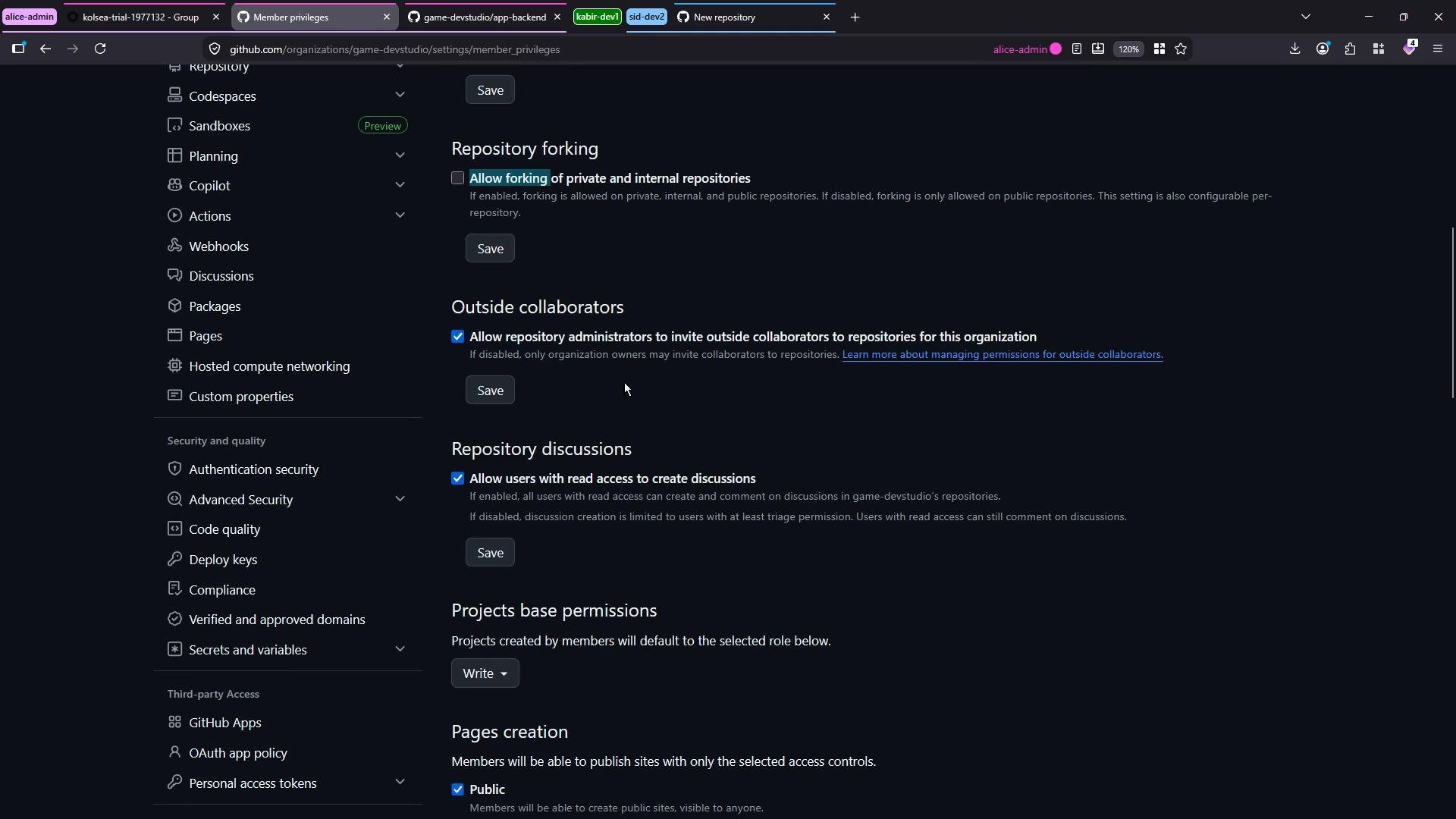 A dark-themed screenshot of a GitHub organization settings page showing "Member privileges" options like repository forking, outside collaborators, repository discussions, and projects/pages permissions with checkboxes and Save buttons. The left sidebar shows other settings categories (Codespaces, Actions, Webhooks, etc.).