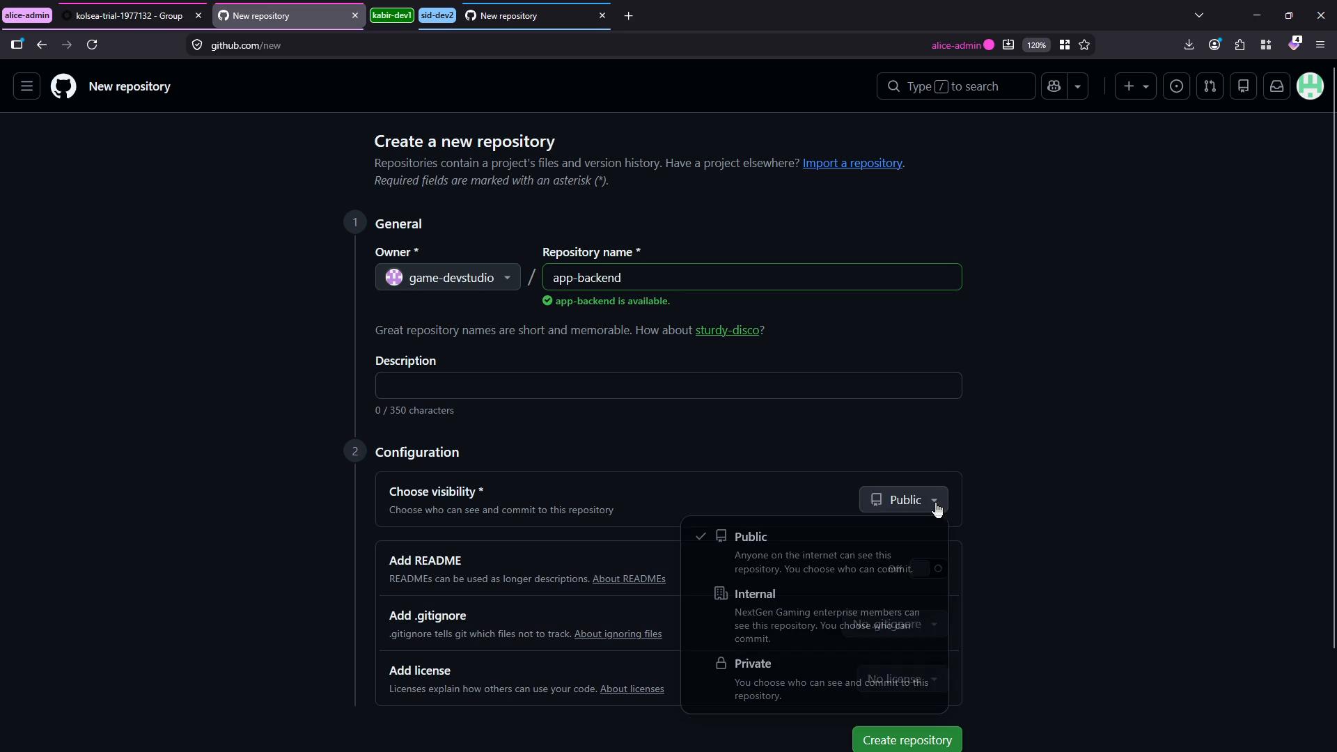 A dark-themed GitHub "Create a new repository" page is shown, with the owner set to "game-devstudio" and the repository name "app-backend" entered. The visibility dropdown (Public/Internal/Private) and other configuration options are visible.