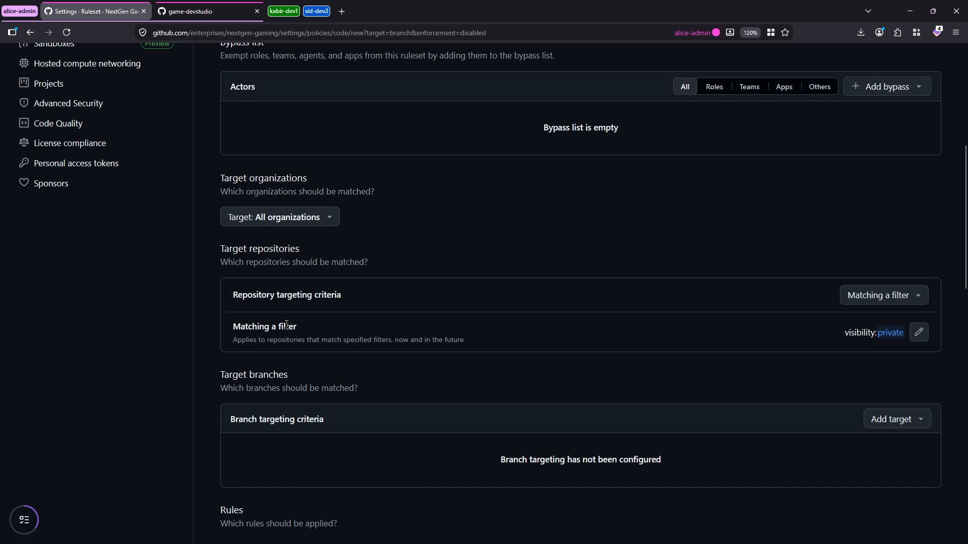 A dark‑theme screenshot of a GitHub Enterprise settings page showing a code ruleset configuration (bypass list, target organizations, repository and branch targeting criteria). The left sidebar shows navigation items like Projects, Advanced Security, and Personal access tokens.