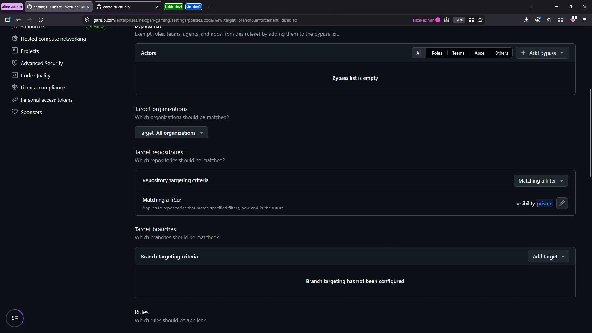 A dark‑theme screenshot of a GitHub Enterprise settings page showing a code ruleset configuration (bypass list, target organizations, repository and branch targeting criteria). The left sidebar shows navigation items like Projects, Advanced Security, and Personal access tokens.