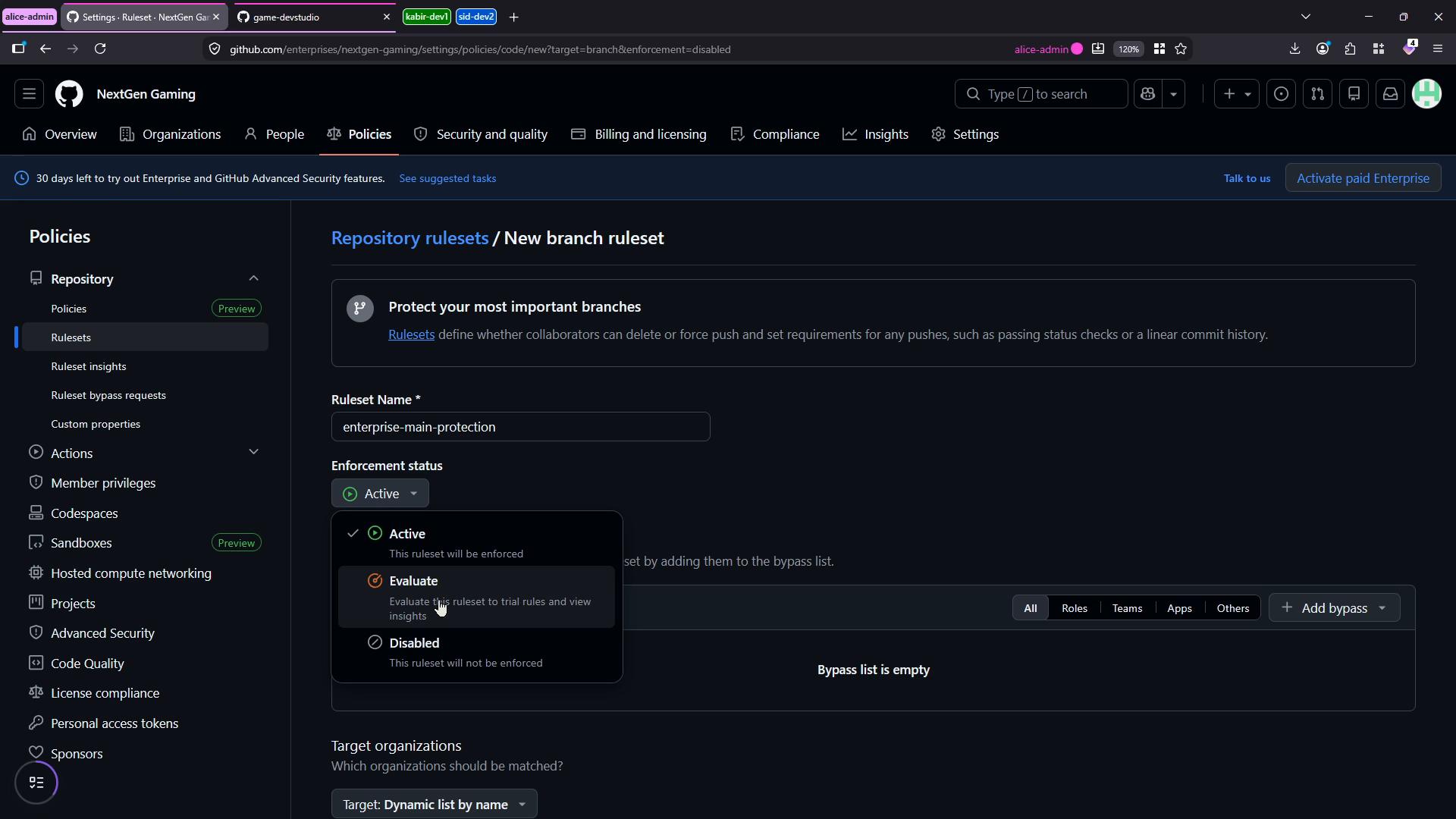 A dark-themed GitHub Enterprise settings screen for "Repository rulesets / New branch ruleset" showing a form to name and protect branches. The left sidebar lists Policies and repository options, and an Enforcement status dropdown (Active / Evaluate / Disabled) is open.