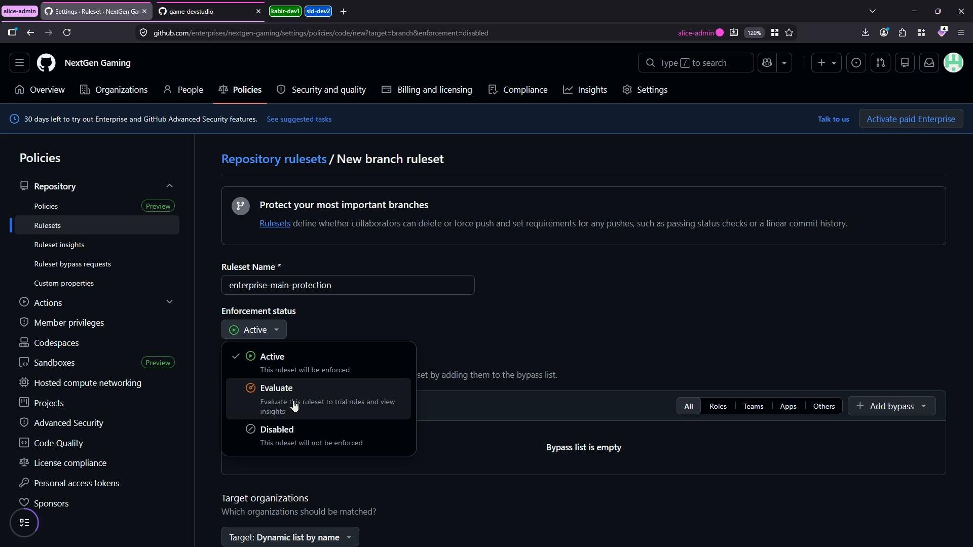 A dark-themed GitHub Enterprise settings screen for "Repository rulesets / New branch ruleset" showing a form to name and protect branches. The left sidebar lists Policies and repository options, and an Enforcement status dropdown (Active / Evaluate / Disabled) is open.