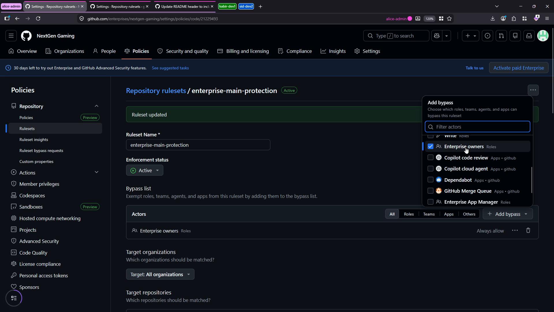A dark-themed GitHub Enterprise "Policies" settings page showing a repository ruleset named "enterprise-main-protection" with enforcement marked Active. A floating "Add bypass" panel is open listing actors (Enterprise owners, Copilot, Dependabot, etc.) that can be exempted from the ruleset.