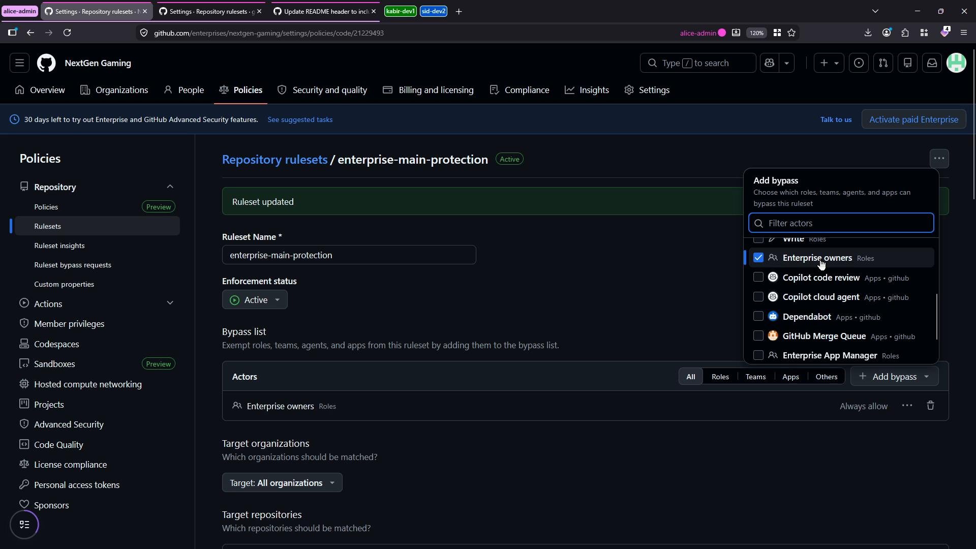 A dark-themed GitHub Enterprise "Policies" settings page showing a repository ruleset named "enterprise-main-protection" with enforcement marked Active. A floating "Add bypass" panel is open listing actors (Enterprise owners, Copilot, Dependabot, etc.) that can be exempted from the ruleset.