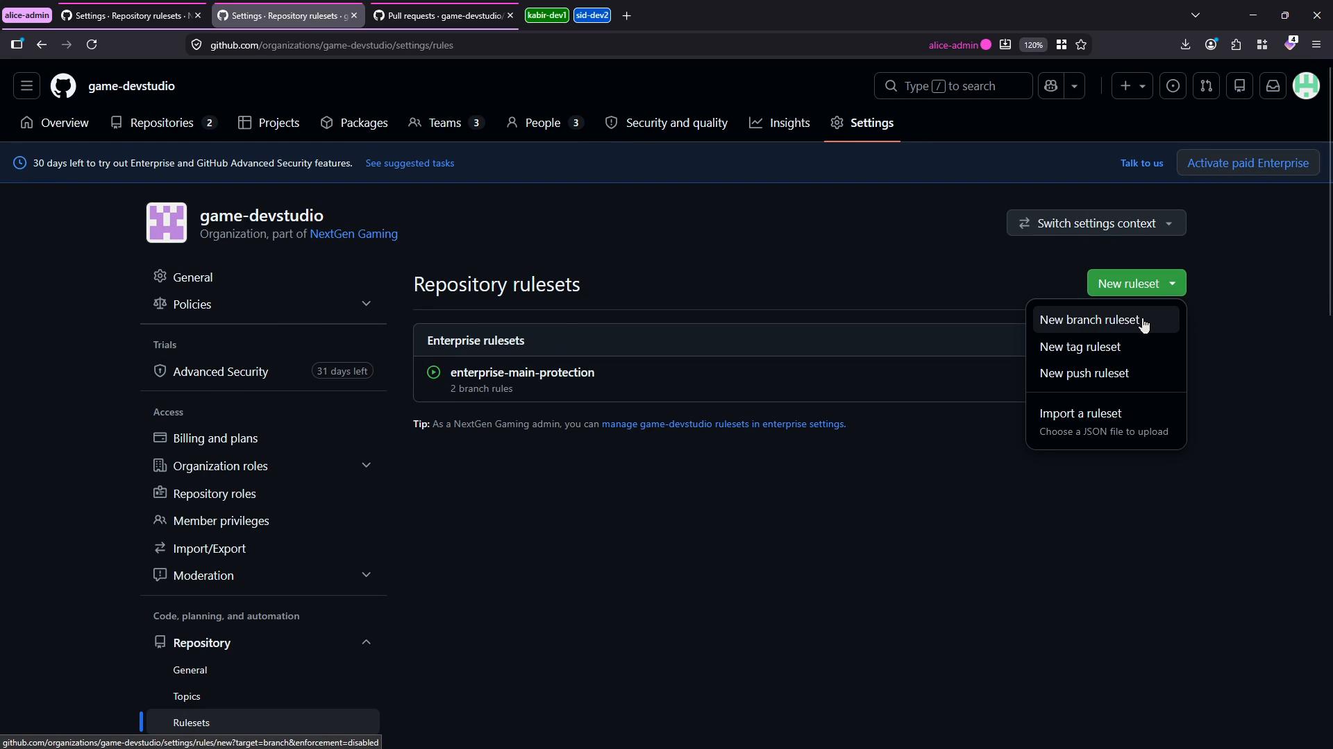 A dark-mode screenshot of the GitHub organization "game-devstudio" Settings page showing the Repository rulesets area with an enterprise ruleset listed and a green "New ruleset" dropdown open offering New branch/tag/push ruleset and Import options. The left sidebar shows other organization settings like Policies, Billing, and Repository.