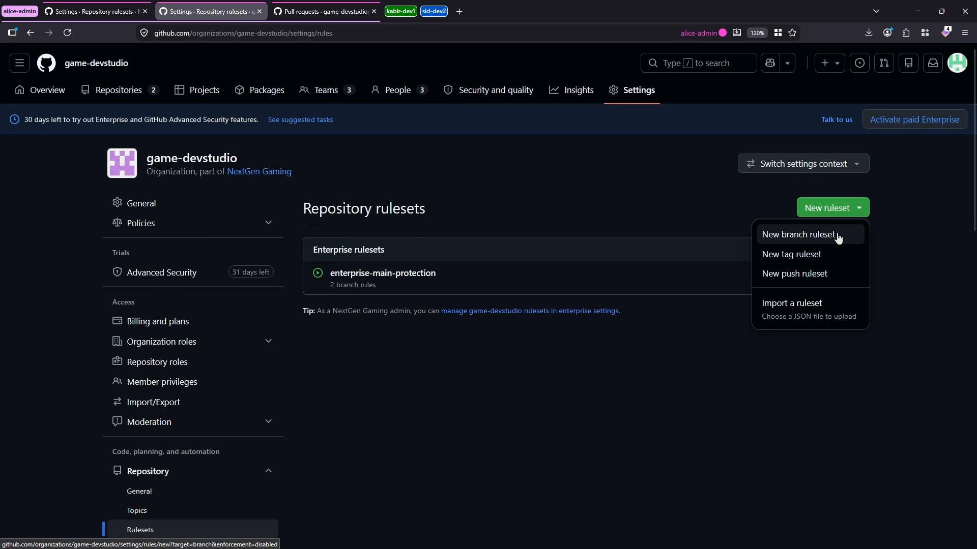 A dark-mode screenshot of the GitHub organization "game-devstudio" Settings page showing the Repository rulesets area with an enterprise ruleset listed and a green "New ruleset" dropdown open offering New branch/tag/push ruleset and Import options. The left sidebar shows other organization settings like Policies, Billing, and Repository.