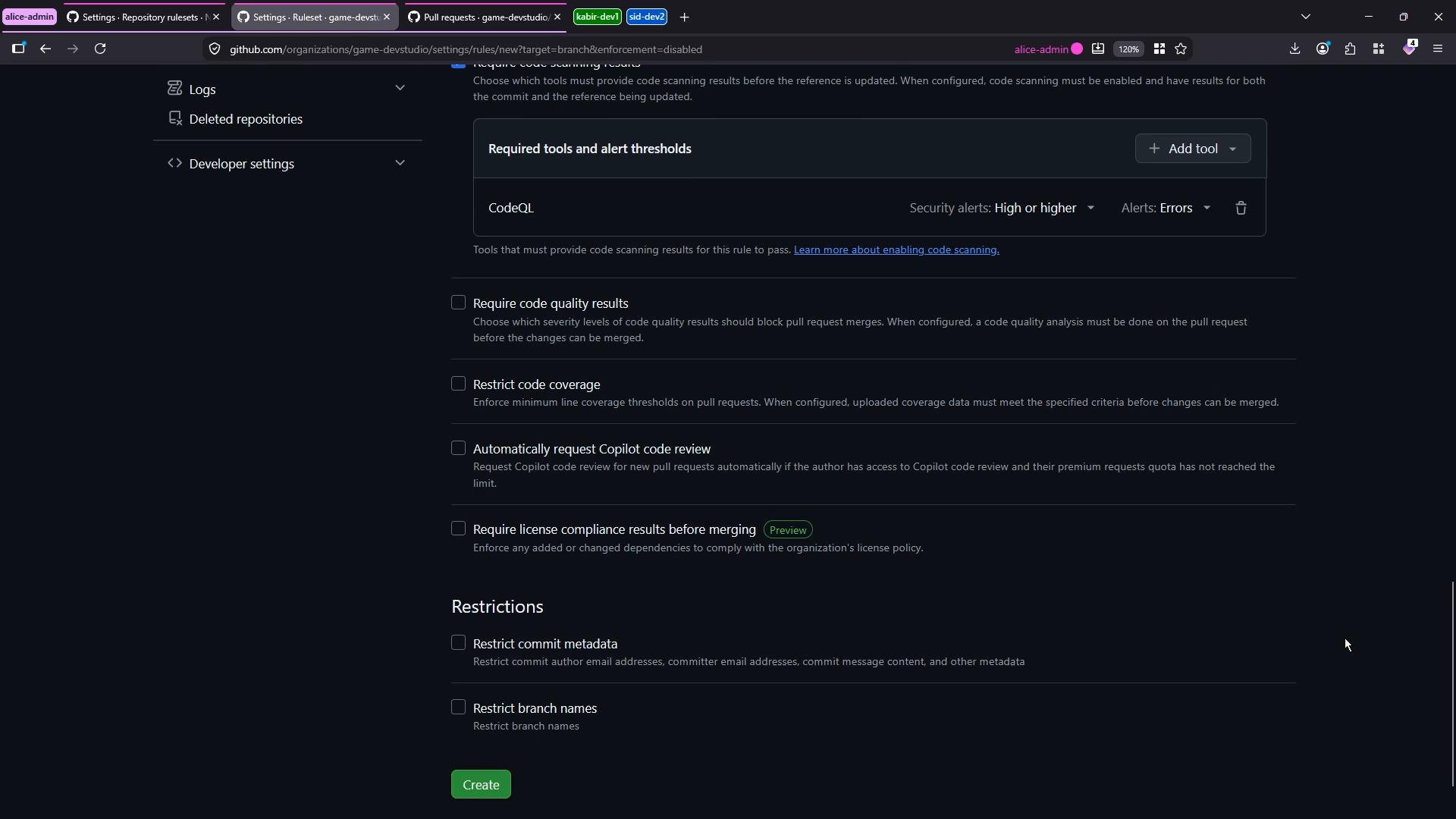 A dark-themed screenshot of a GitHub organization settings page for repository rules showing required tools (CodeQL) and options like requiring code quality results, code coverage, Copilot code review, license compliance, and various restrictions. The page also shows a "Create" button at the bottom.
