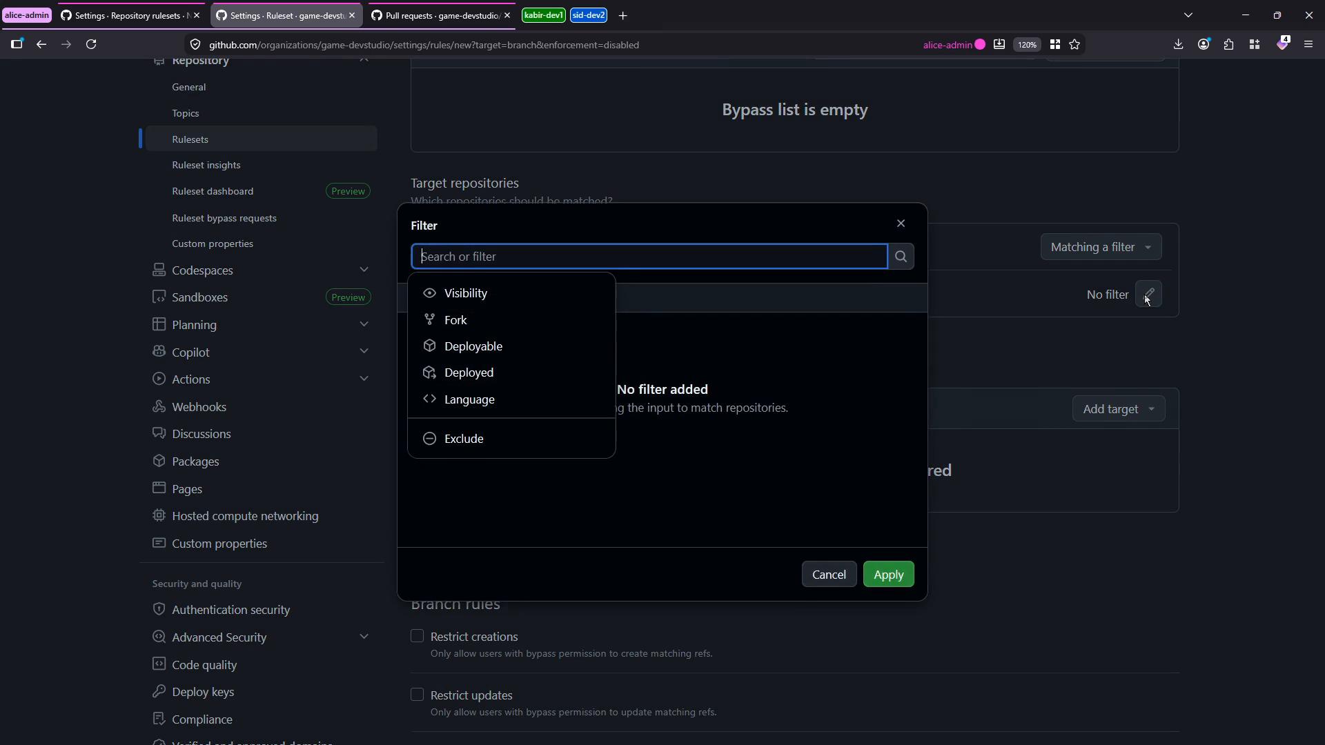 A dark-mode screenshot of a GitHub organization repository settings page with a "Filter" modal open showing repository filter options like Visibility, Fork, Deployable, Deployed, Language, and Exclude. The left sidebar lists settings sections such as Rulesets, Codespaces, Actions, and Webhooks.