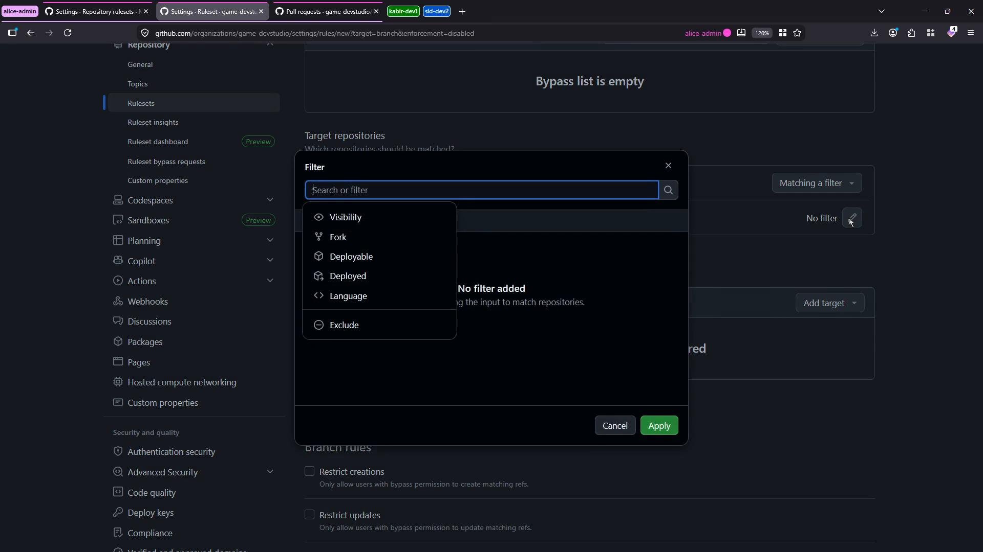 A dark-mode screenshot of a GitHub organization repository settings page with a "Filter" modal open showing repository filter options like Visibility, Fork, Deployable, Deployed, Language, and Exclude. The left sidebar lists settings sections such as Rulesets, Codespaces, Actions, and Webhooks.