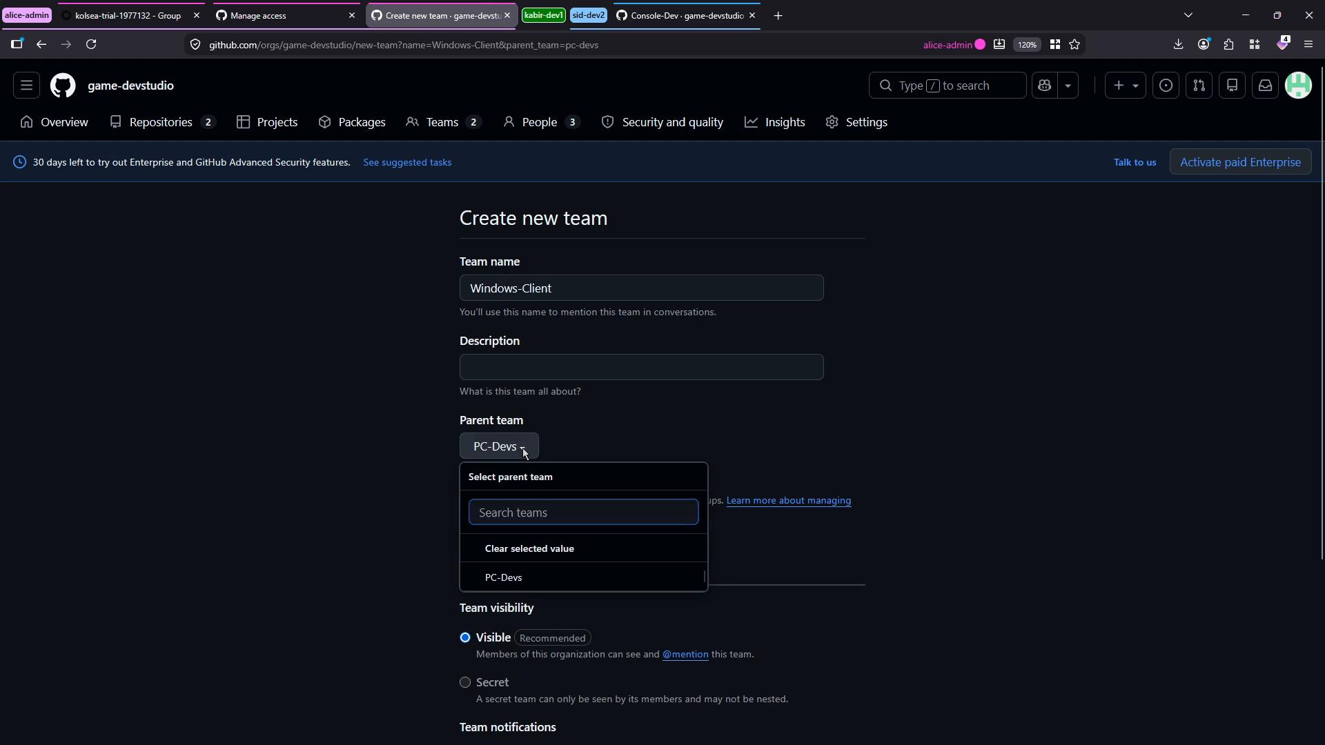 A GitHub organization page (game-devstudio) showing the "Create new team" form with the Team name filled as "Windows-Client" and the Parent team dropdown set to "PC-Devs." The screenshot is in dark mode inside a browser window with tabs visible.