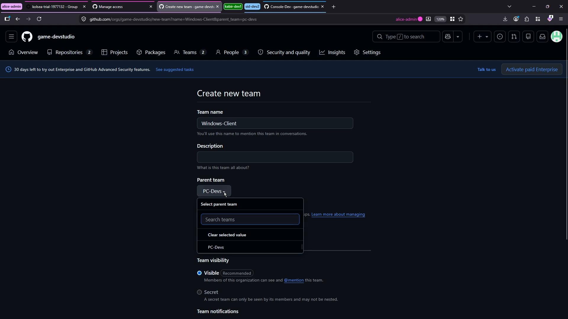 A GitHub organization page (game-devstudio) showing the "Create new team" form with the Team name filled as "Windows-Client" and the Parent team dropdown set to "PC-Devs." The screenshot is in dark mode inside a browser window with tabs visible.