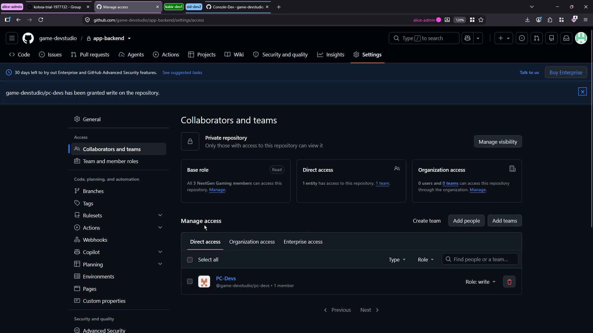 A screenshot of a GitHub repository's Settings → Collaborators and teams page in dark mode, showing the repository is private and a "PC-Devs" team has been granted write access. The page displays access sections (Base role, Direct access, Organization access) and controls to add people or teams.