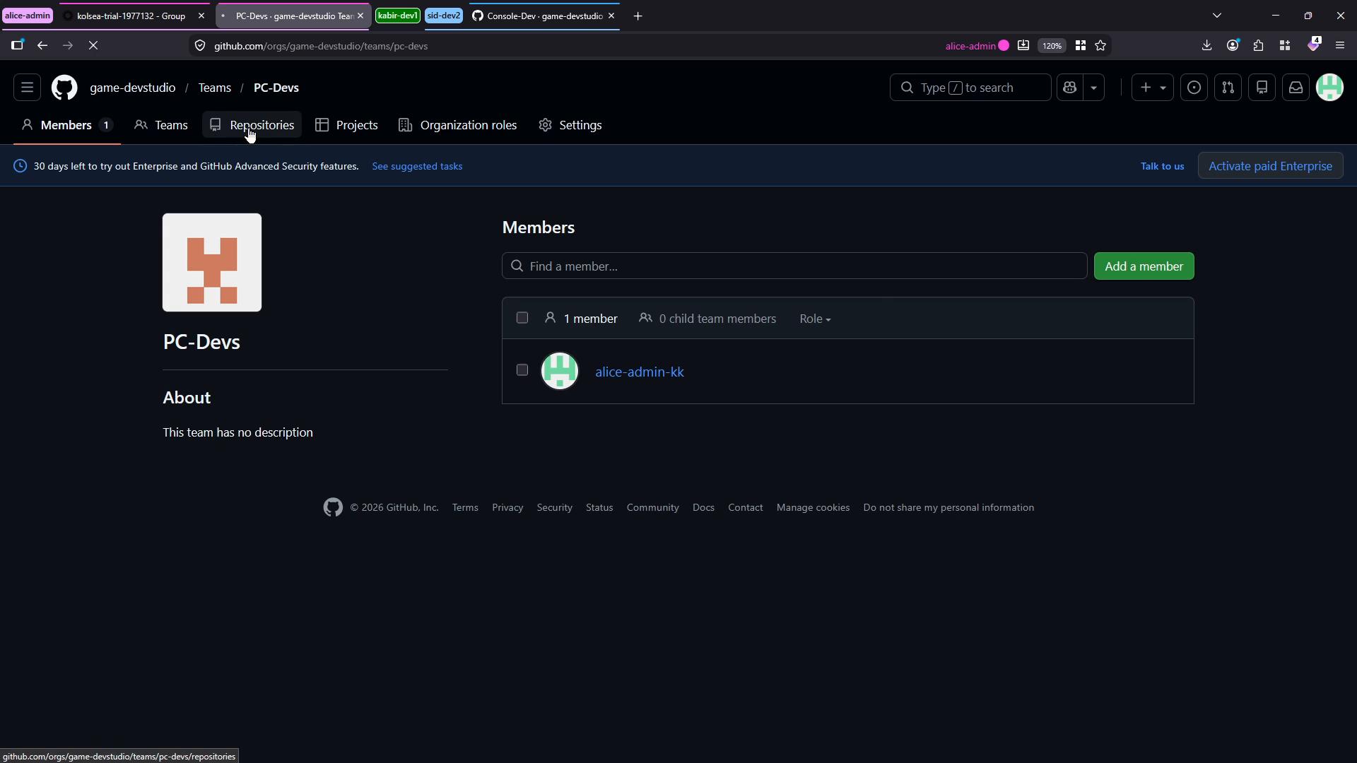 A screenshot of a GitHub organization team page for "PC-Devs" in dark mode, showing the team's avatar and an "About" section. The right side lists one member with a search box and a green "Add a member" button.