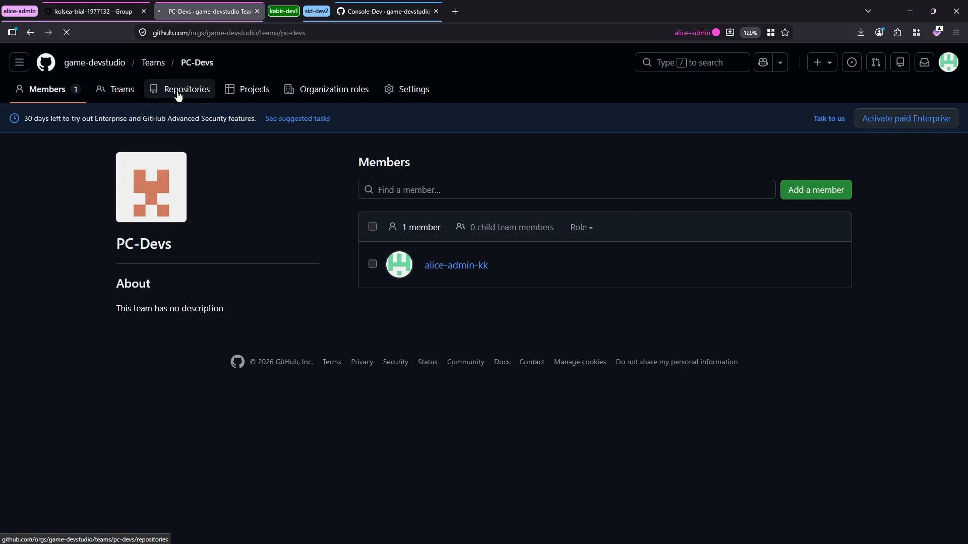 A screenshot of a GitHub organization team page for "PC-Devs" in dark mode, showing the team's avatar and an "About" section. The right side lists one member with a search box and a green "Add a member" button.