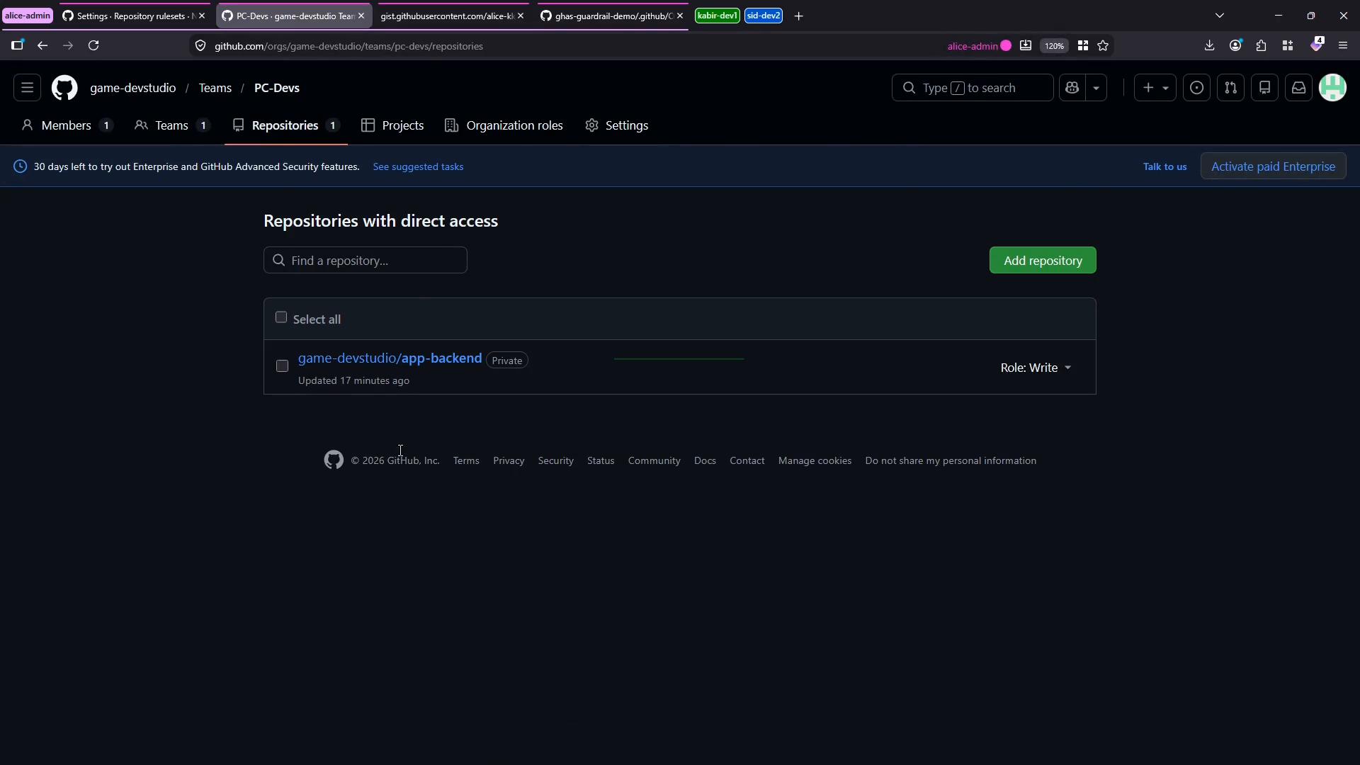 A dark-themed GitHub screenshot of an organization's "PC-Devs" team Repositories page showing a single listed repo "game-devstudio/app-backend" (Private) with an "Add repository" button. A banner about a 30-day Enterprise trial and the repo role set to "Write" are also visible.