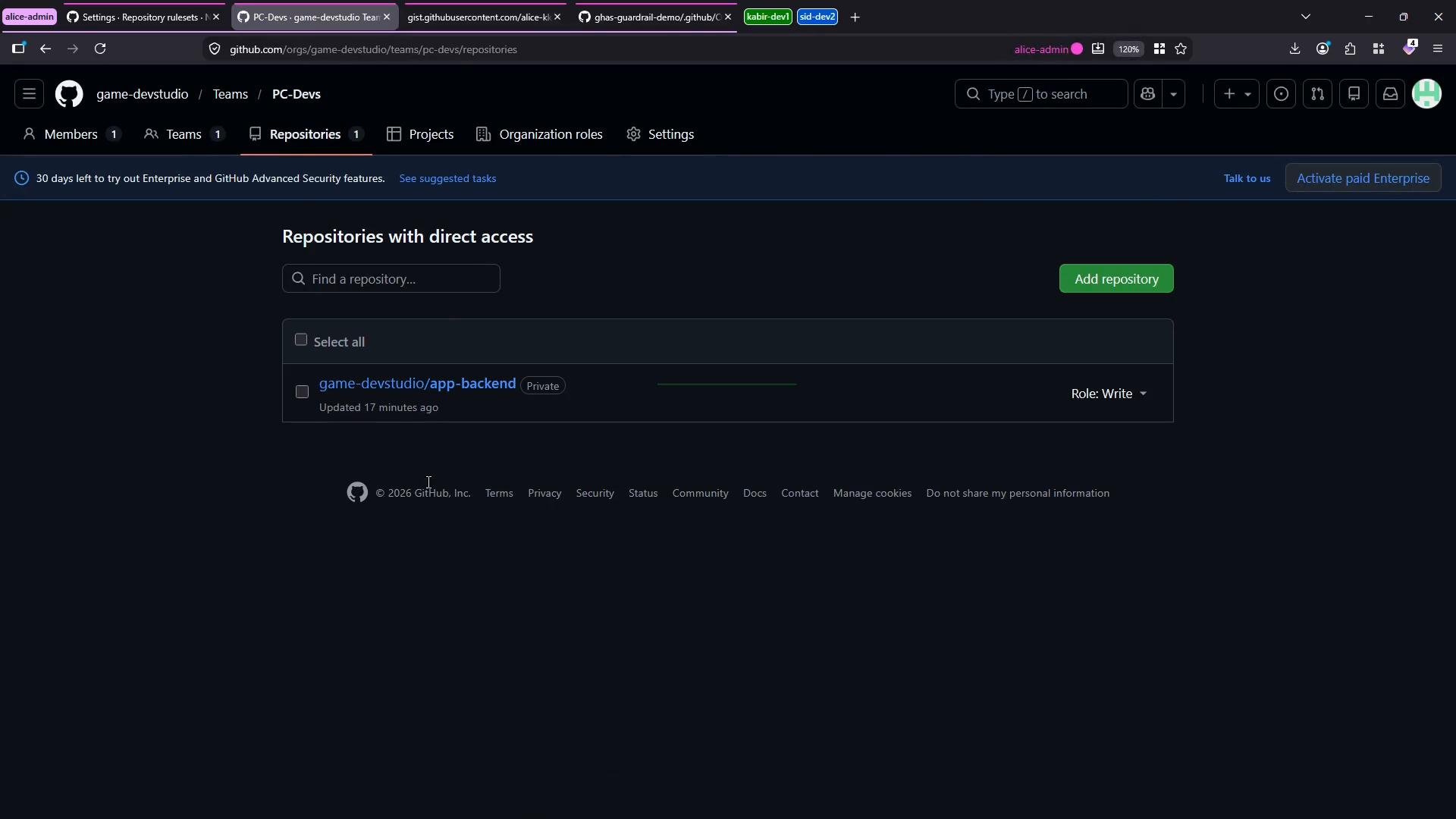 A dark-themed GitHub screenshot of an organization's "PC-Devs" team Repositories page showing a single listed repo "game-devstudio/app-backend" (Private) with an "Add repository" button. A banner about a 30-day Enterprise trial and the repo role set to "Write" are also visible.