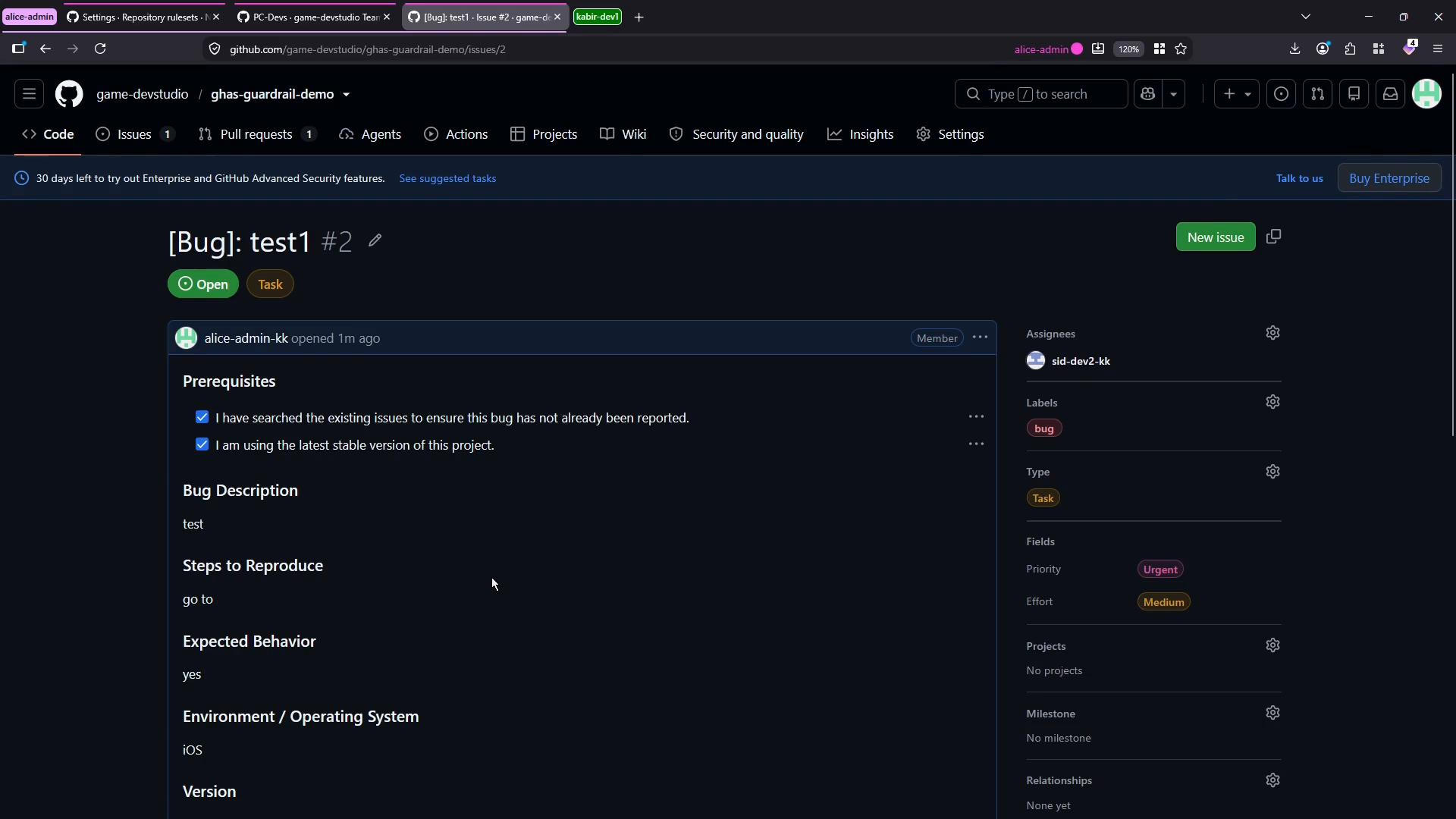 A dark‑mode screenshot of a GitHub repository issue page showing a bug report titled “[Bug]: test1 #2,” with the issue content and checklist on the left and the assignees/labels/fields sidebar on the right.