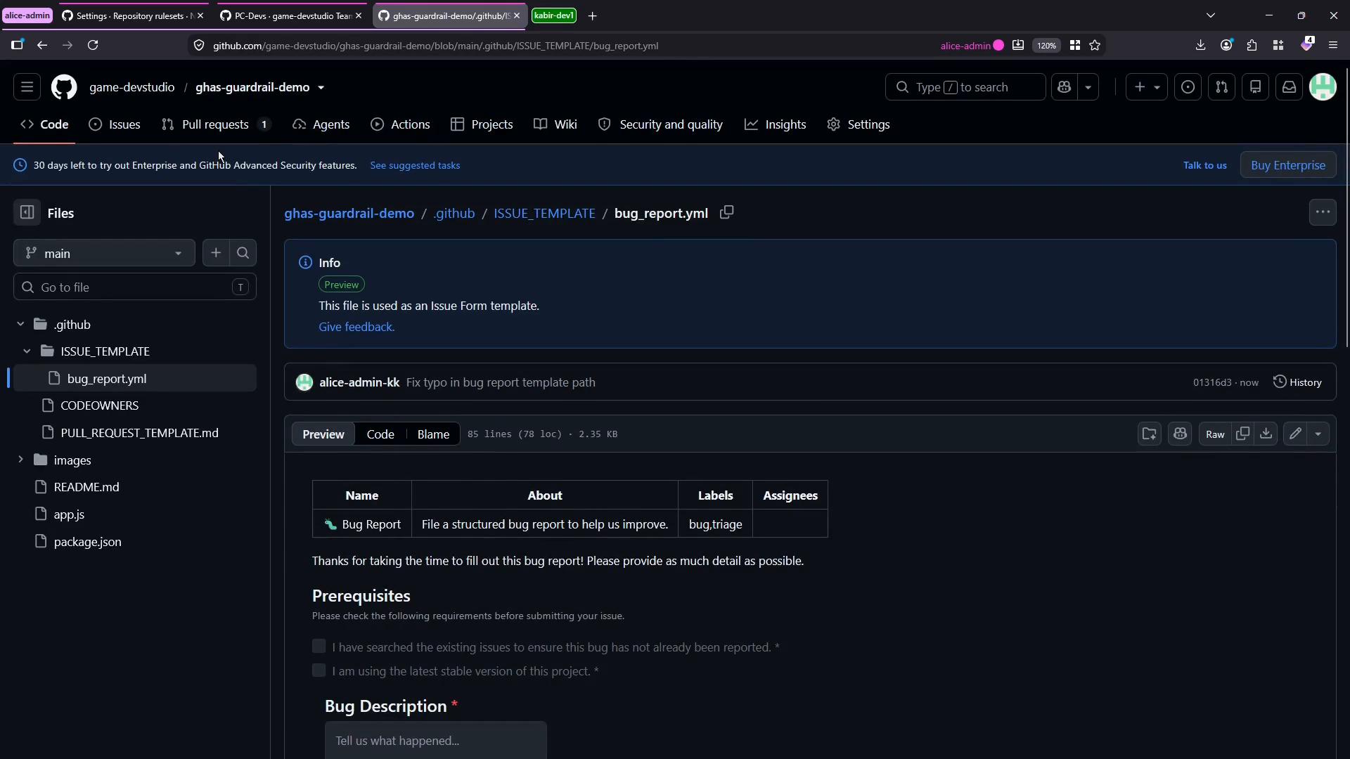 Screenshot of a GitHub repository page in dark mode showing the .github/ISSUE_TEMPLATE/bug_report.yml file preview and the repository file tree at left. The page displays a bug report issue form template with sections like Prerequisites and Bug Description.