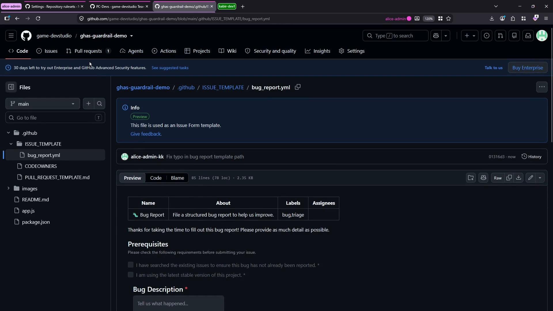 Screenshot of a GitHub repository page in dark mode showing the .github/ISSUE_TEMPLATE/bug_report.yml file preview and the repository file tree at left. The page displays a bug report issue form template with sections like Prerequisites and Bug Description.