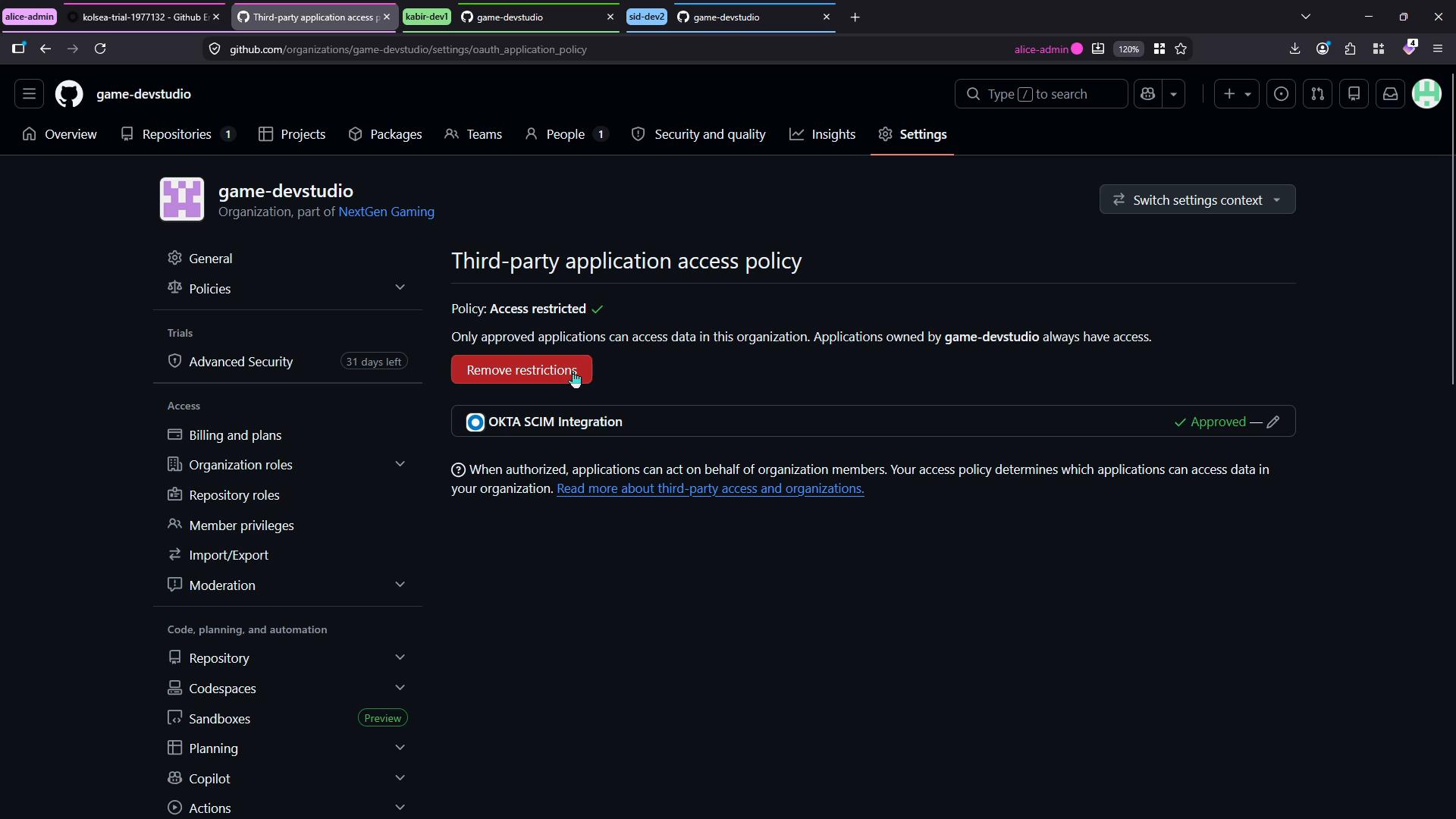 A screenshot of the GitHub organization "game-devstudio" settings page. It shows the "Third-party application access policy" set to "Access restricted" with a red "Remove restrictions" button and an approved "OKTA SCIM Integration" listed.