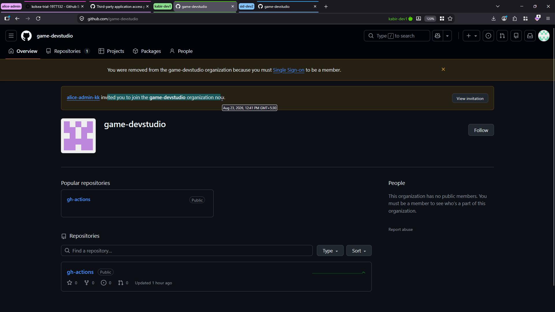 A screenshot of a GitHub organization page for "game-devstudio" showing a banner that the user was removed because Single Sign-on is required and an invitation from "alice-admin-kk." The page shows the org avatar and a public repository named "gh-actions."