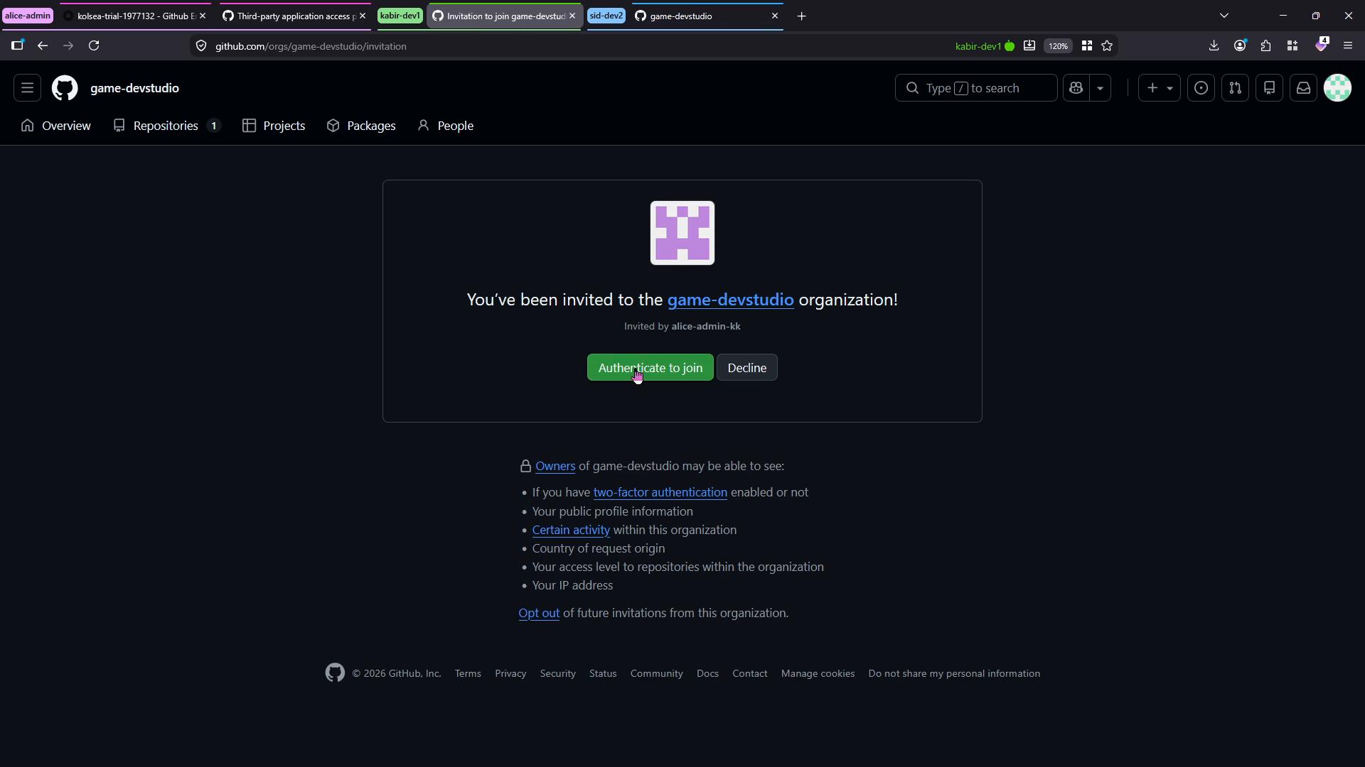 A GitHub invitation page showing you've been invited to join the "game-devstudio" organization, with a green "Authenticate to join" button and a "Decline" button. The invite is from the user "alice-admin-kk" and the page lists what organization owners may see.