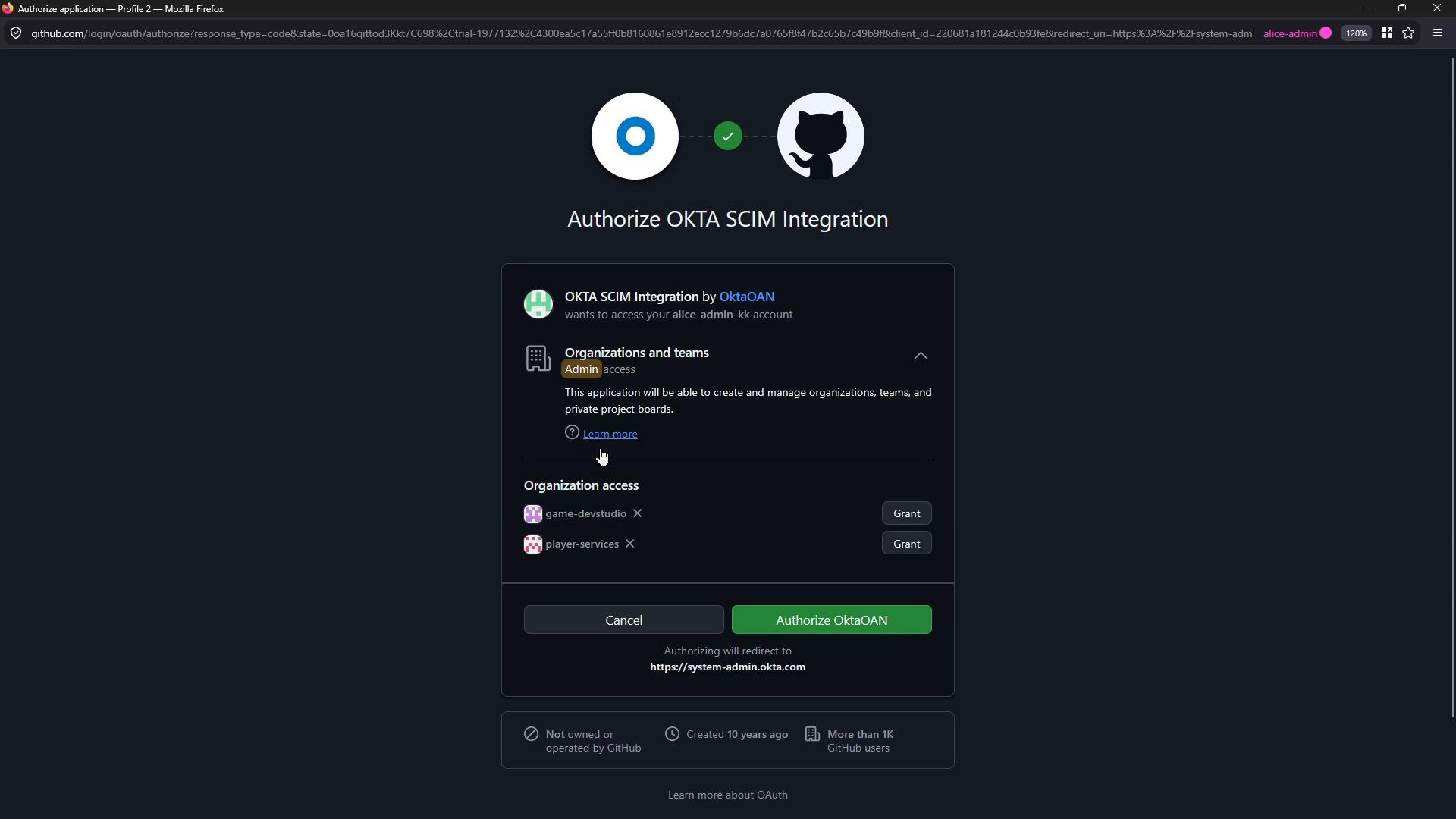 A GitHub OAuth authorization screen asking to "Authorize OKTA SCIM Integration" to access and manage organizations and teams. The dialog shows organization access entries and action buttons to cancel or authorize the integration.