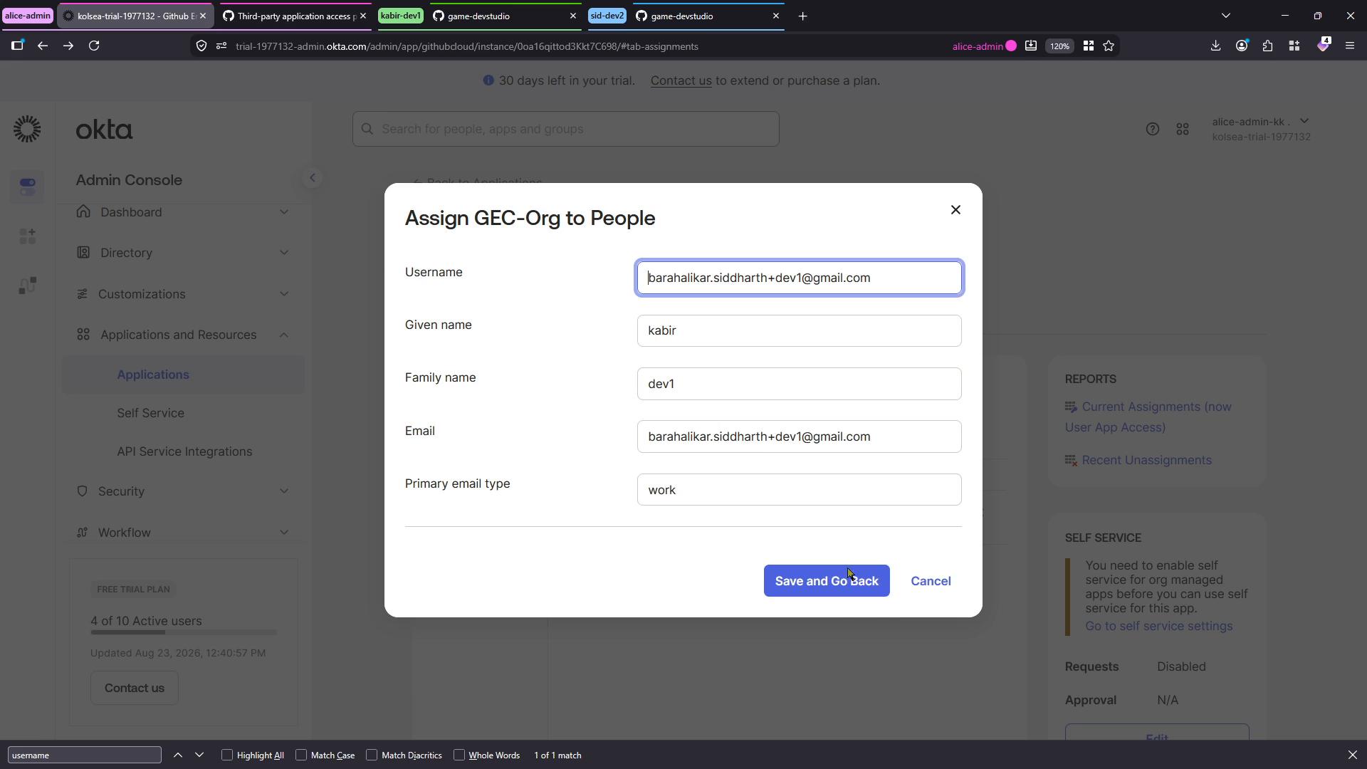 A screenshot of the Okta Admin Console showing a modal titled "Assign GEC-Org to People" with fields for username, given name, family name and email filled in. The dialog includes a "Save and Go Back" button at the bottom.