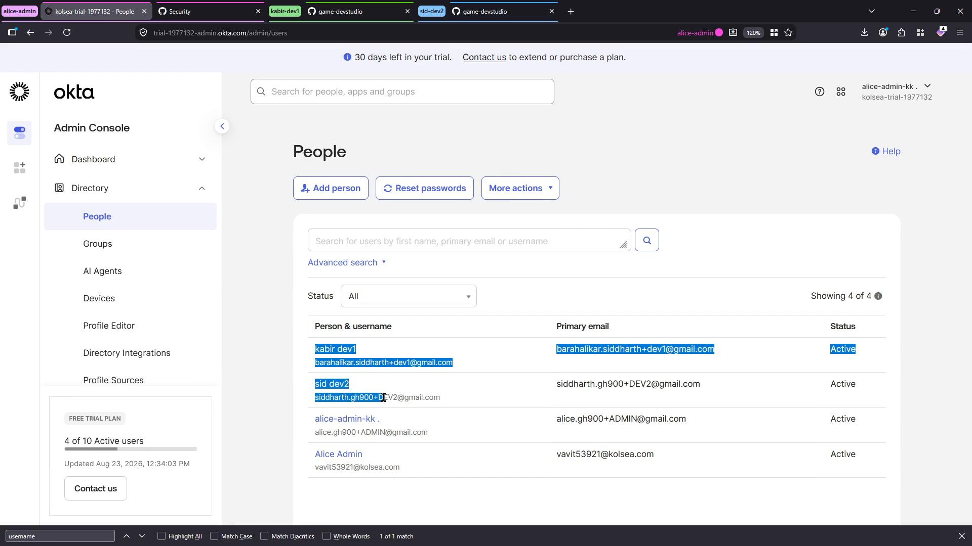 A screenshot of the Okta Admin Console showing the "People" page with a search bar, action buttons (Add person, Reset passwords), and a table listing user accounts and their statuses. The left sidebar shows directory navigation (People, Groups, Devices, etc.).