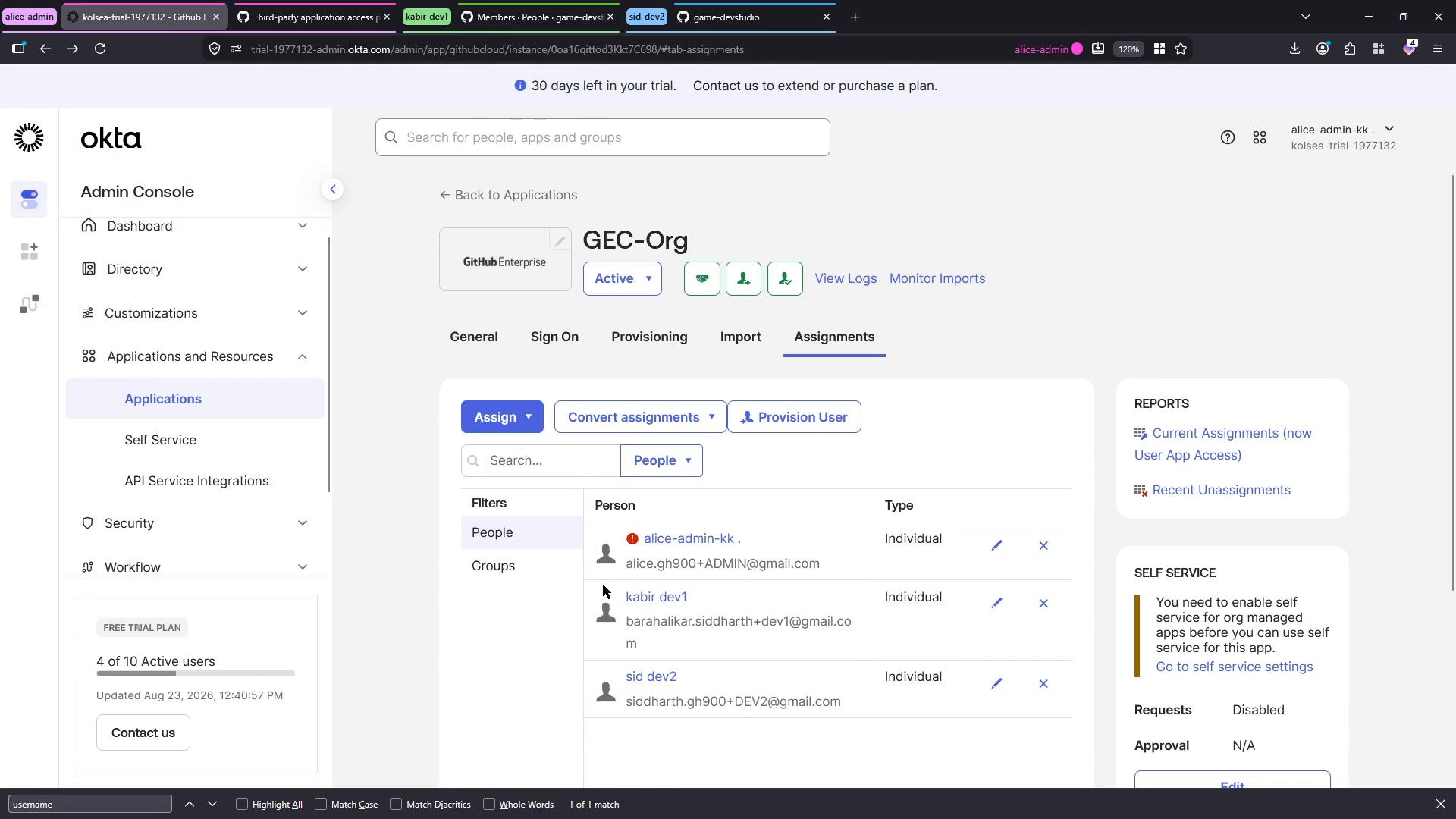 A screenshot of the Okta Admin Console showing the GEC-Org GitHub Enterprise application page. The Assignments tab is open with a list of assigned users, plus the left navigation menu and a reports/self-service panel on the right.