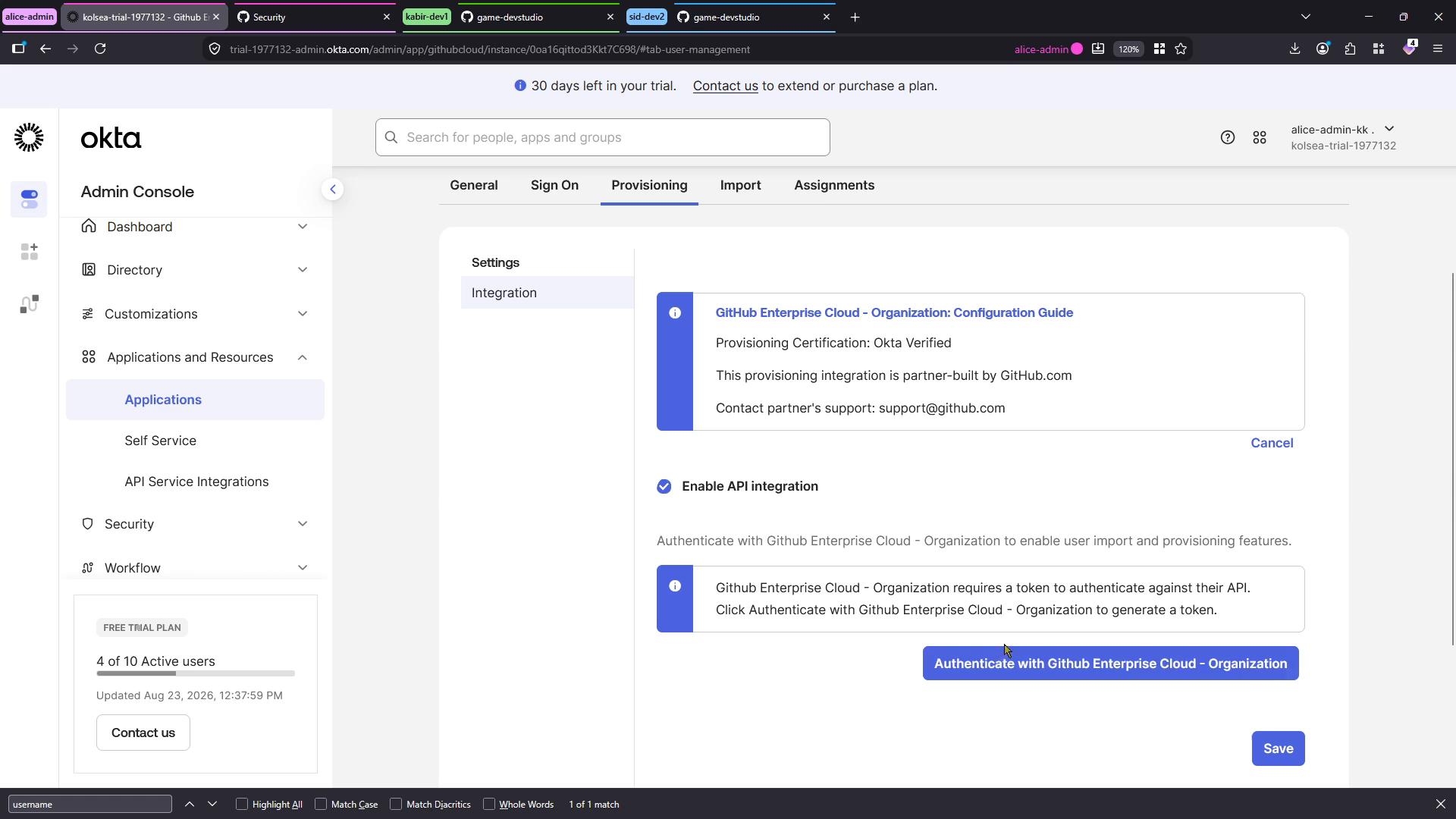 A screenshot of the Okta Admin Console showing the Applications → Provisioning tab configured for a GitHub Enterprise Cloud integration. It displays options to enable API integration and an "Authenticate with GitHub Enterprise Cloud - Organization" button.