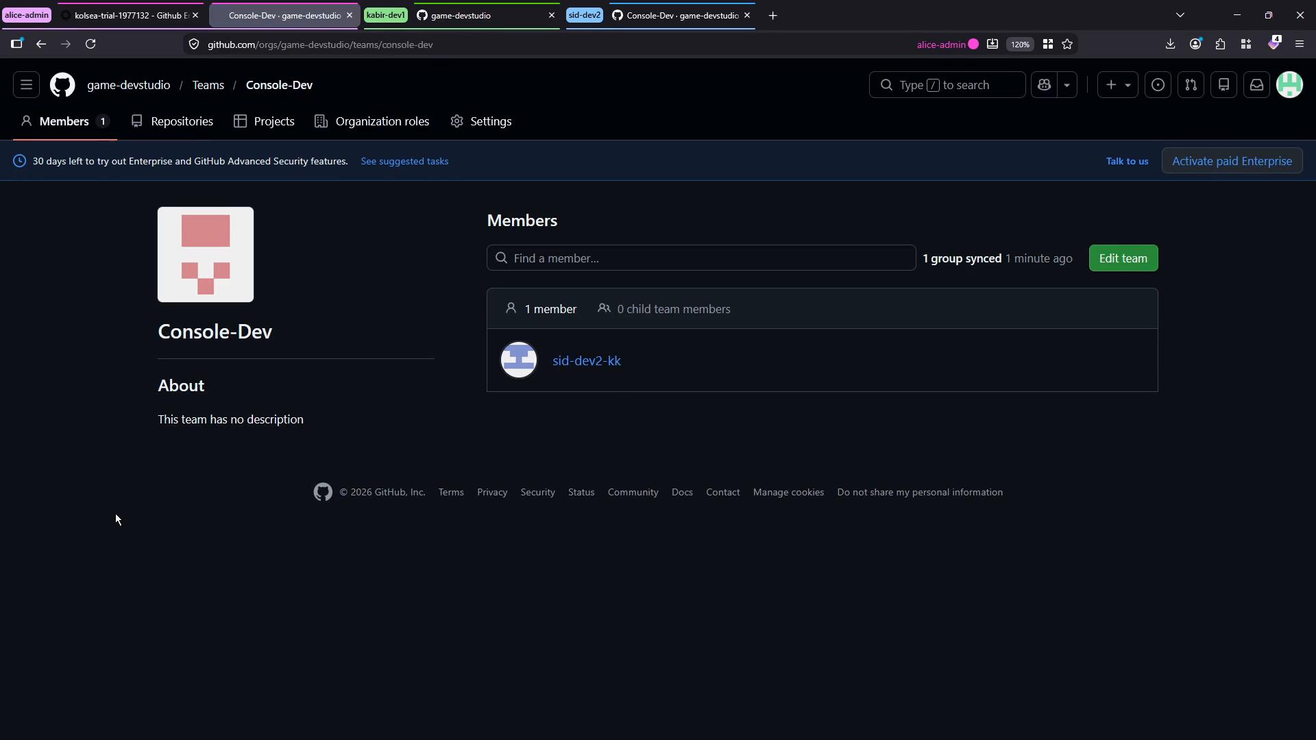 A dark-themed GitHub team page for "Console-Dev" showing the team avatar and an empty About section. The Members panel lists one member and there’s an Edit team button plus a banner about an Enterprise trial at the top.
