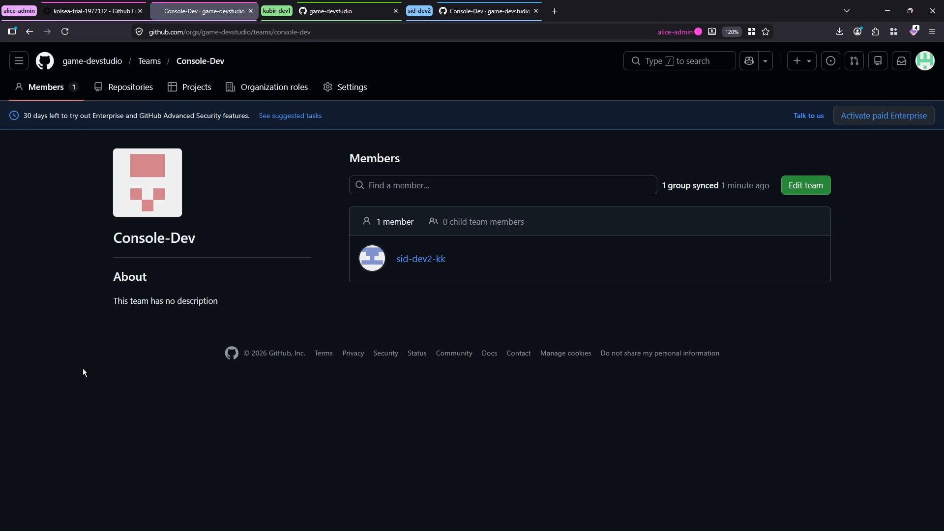 A dark-themed GitHub team page for "Console-Dev" showing the team avatar and an empty About section. The Members panel lists one member and there’s an Edit team button plus a banner about an Enterprise trial at the top.