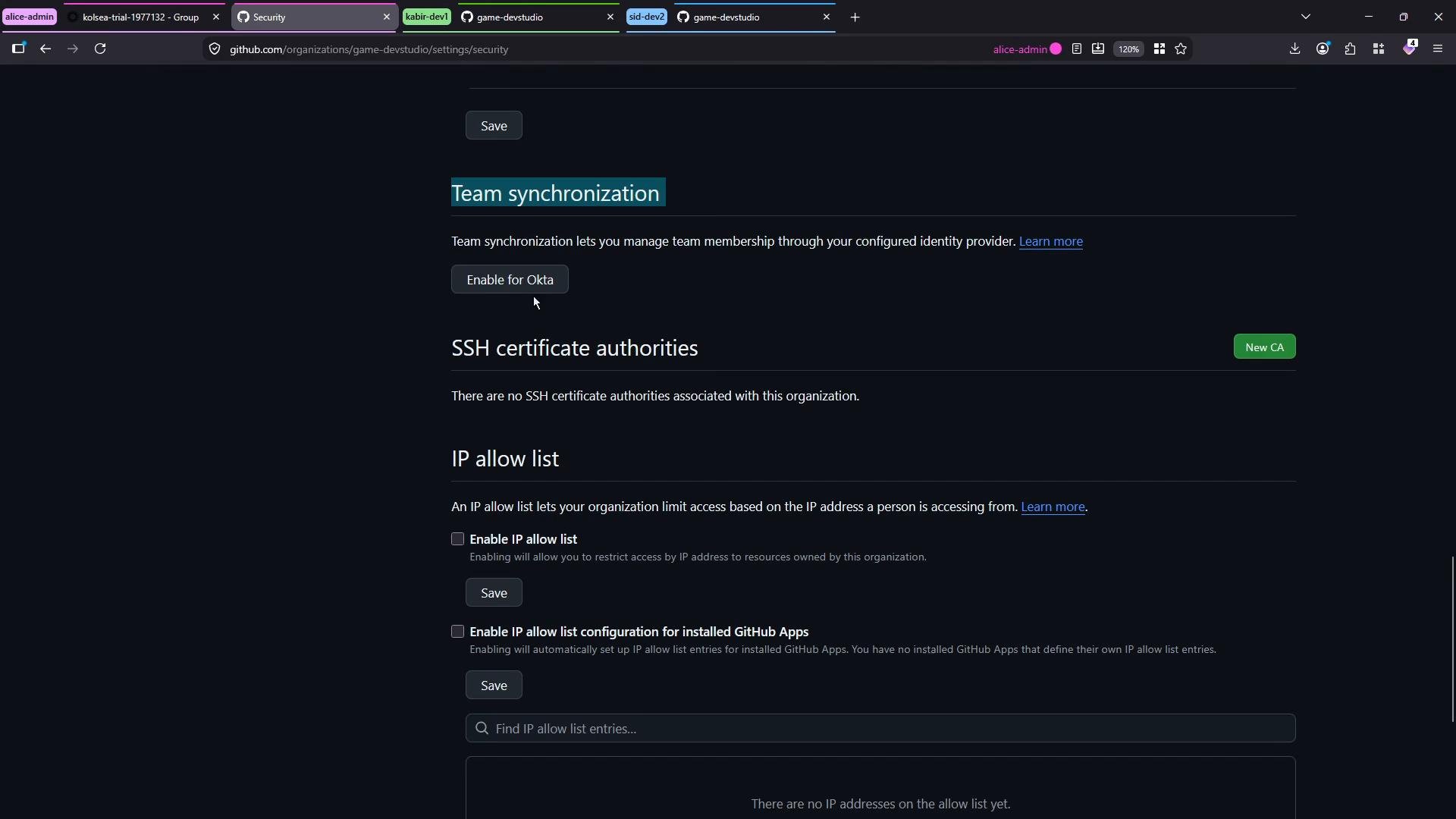 A dark-themed browser screenshot of a GitHub organization's Security settings page showing sections for "Team synchronization," "SSH certificate authorities," and an "IP allow list." Visible buttons include "Enable for Okta," "New CA," and options to enable and save IP allow list settings.