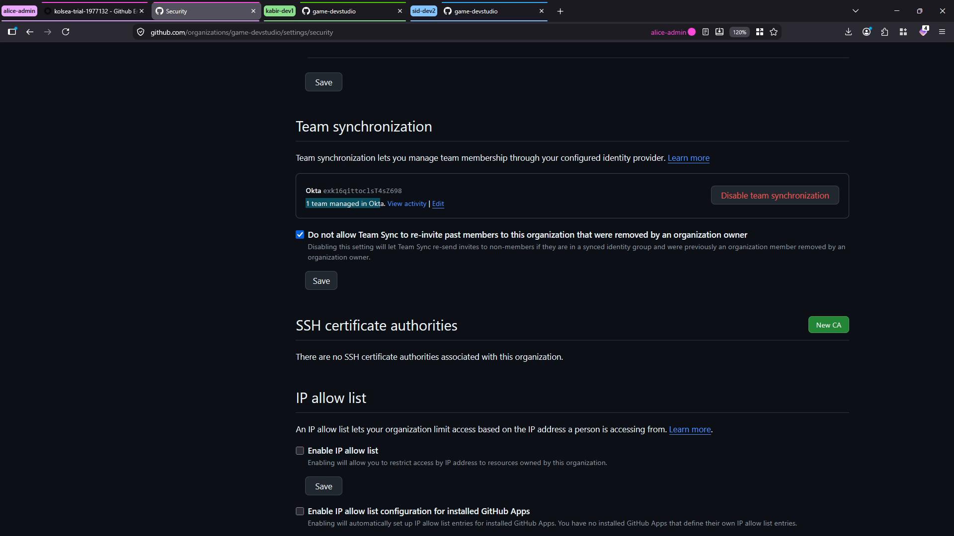 A dark-mode screenshot of a GitHub organization's Security settings page. It shows "Team synchronization" (Okta configured with a Disable button), plus sections for SSH certificate authorities and IP allow list.