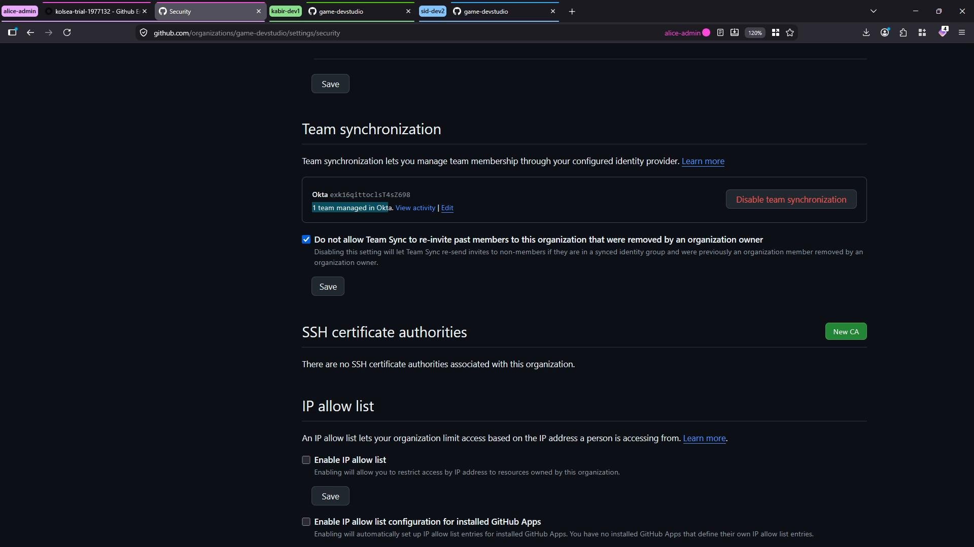 A dark-mode screenshot of a GitHub organization's Security settings page. It shows "Team synchronization" (Okta configured with a Disable button), plus sections for SSH certificate authorities and IP allow list.