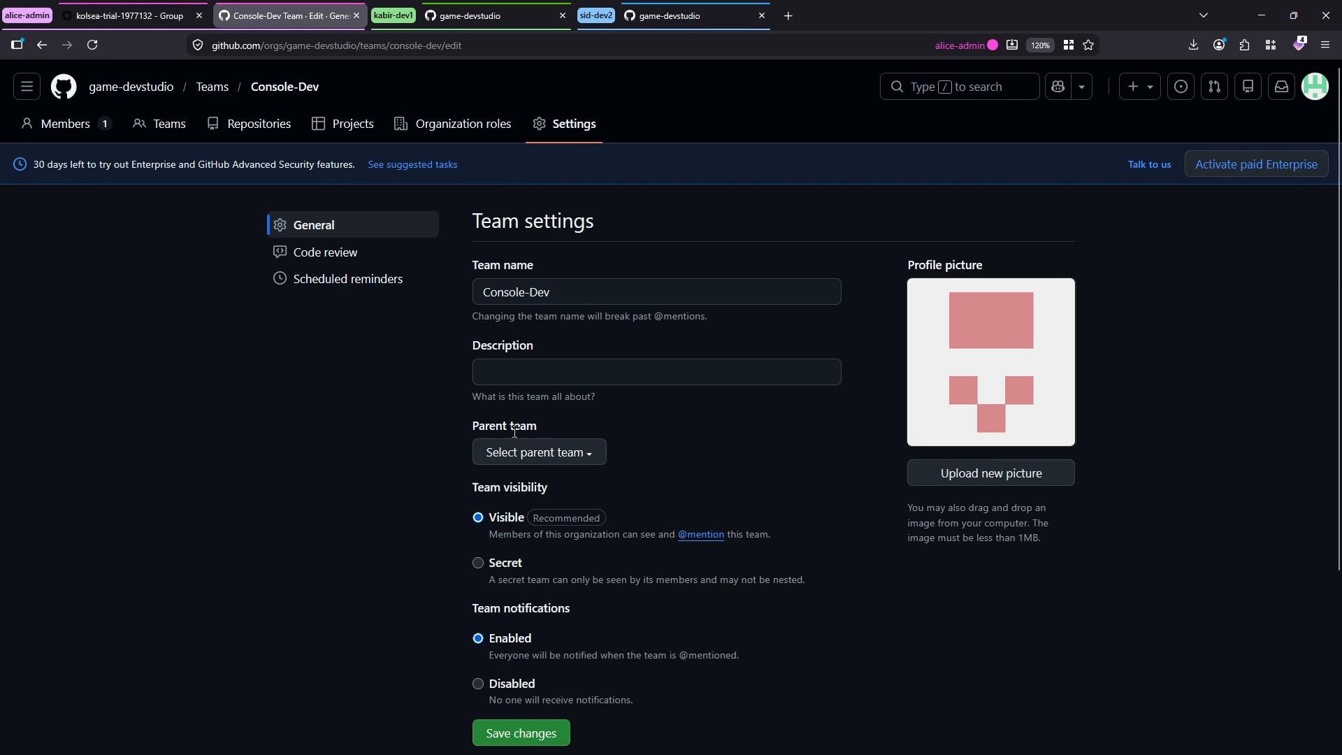 A dark-themed screenshot of a GitHub organization "Team settings" page for a team named "Console-Dev," showing fields for team name, description, parent team, visibility and notifications, and a profile picture upload area. The left sidebar shows menu items like General, Code review, and Scheduled reminders.