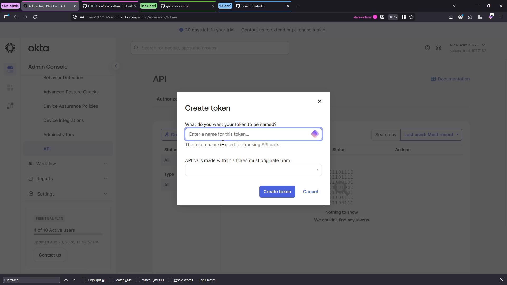 A screenshot of the Okta Admin Console with a modal dialog titled "Create token" prompting the user to enter a name for an API token and select origin, plus "Create token" and "Cancel" buttons. The blurred background shows the API page and left-hand admin navigation.