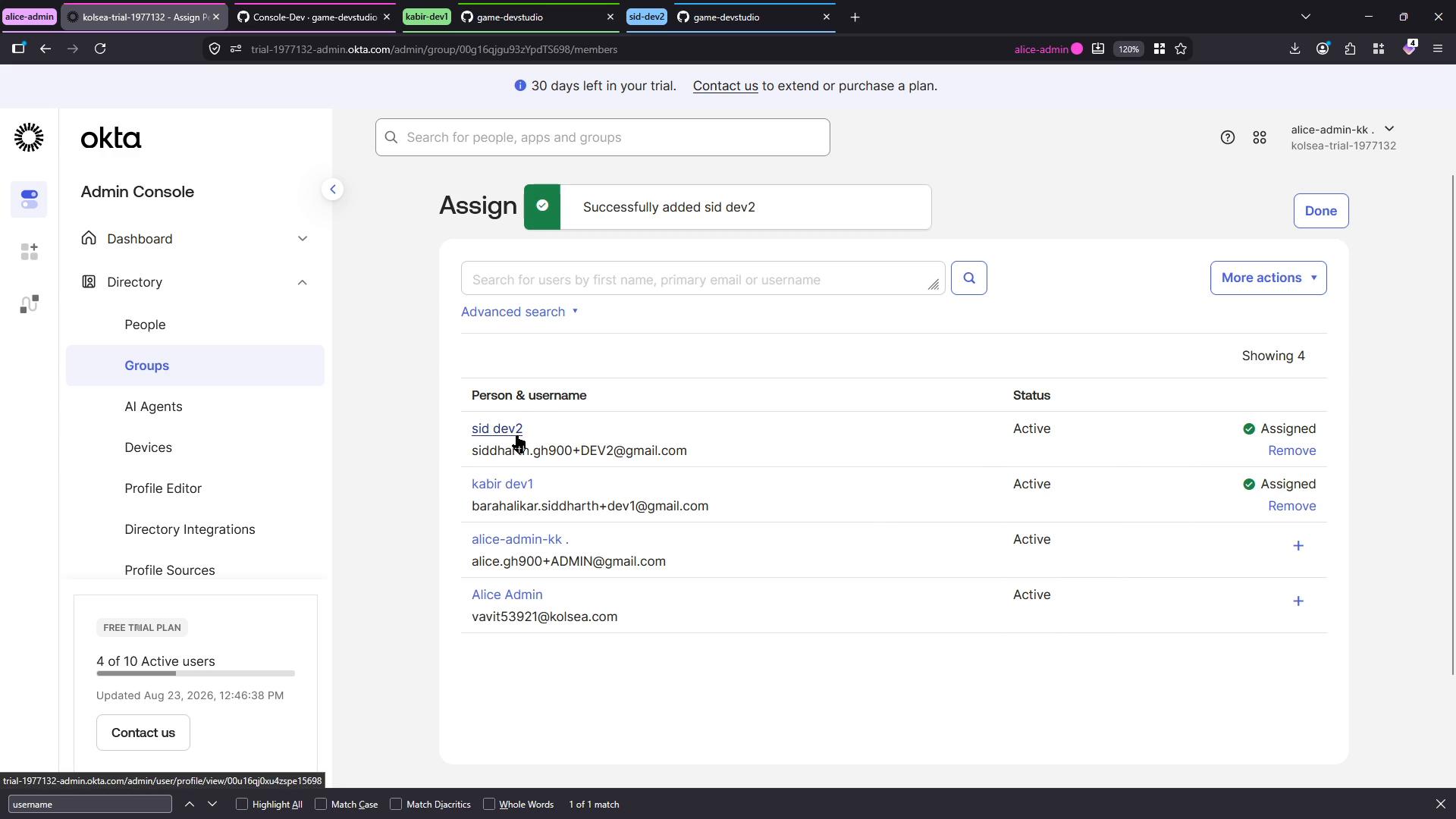 A screenshot of the Okta Admin Console on the Groups > Assign page showing a green "Successfully added sid dev2" confirmation and a list of users with their assignment statuses. The left sidebar shows navigation items like Dashboard, Directory, and Groups.