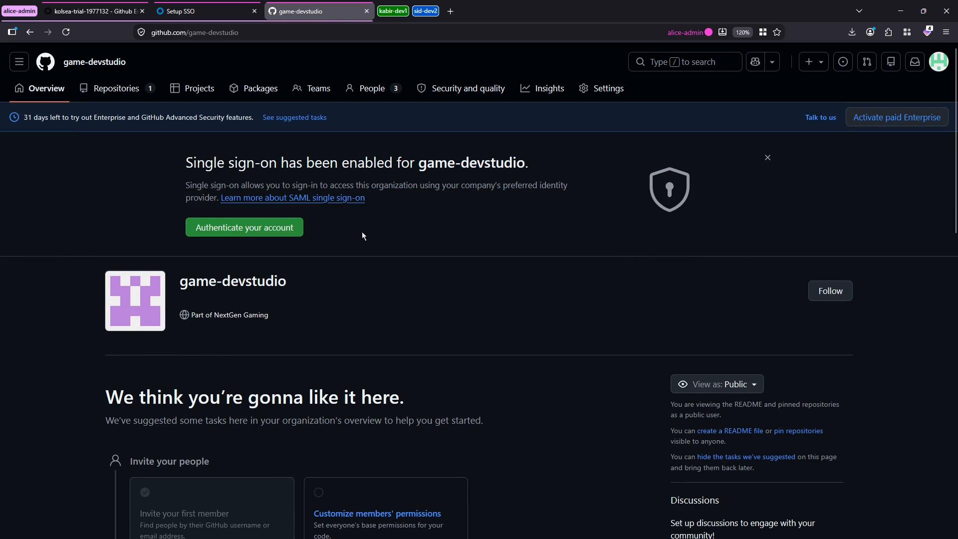 A dark-themed GitHub organization overview page for "game-devstudio" showing a banner that single sign-on has been enabled with a green "Authenticate your account" button. The page also shows the org avatar, name, and suggested setup tasks.