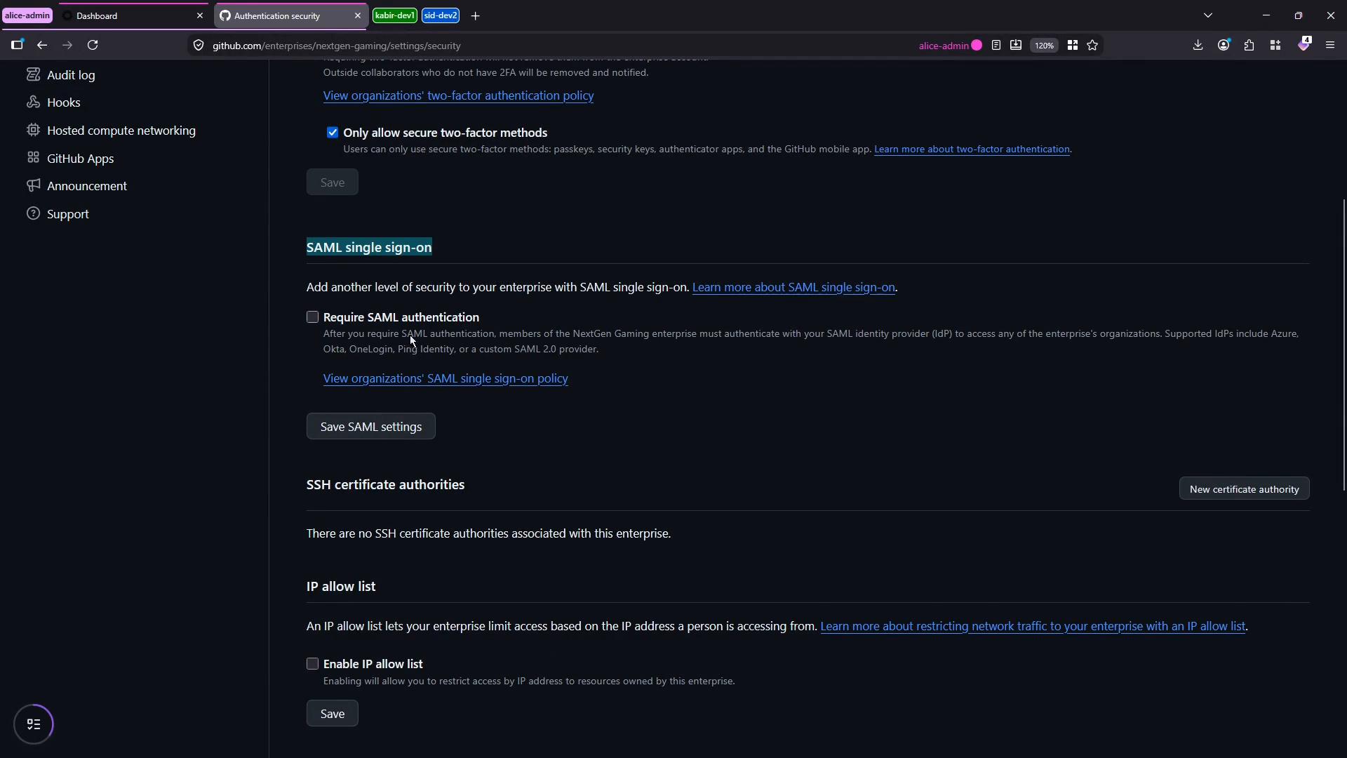 A screenshot of a GitHub Enterprise security settings page in dark mode showing sections for SAML single sign-on, SSH certificate authorities, and an IP allow list. The left sidebar lists admin options and the SAML section includes a "Require SAML authentication" checkbox and a "Save SAML settings" button.
