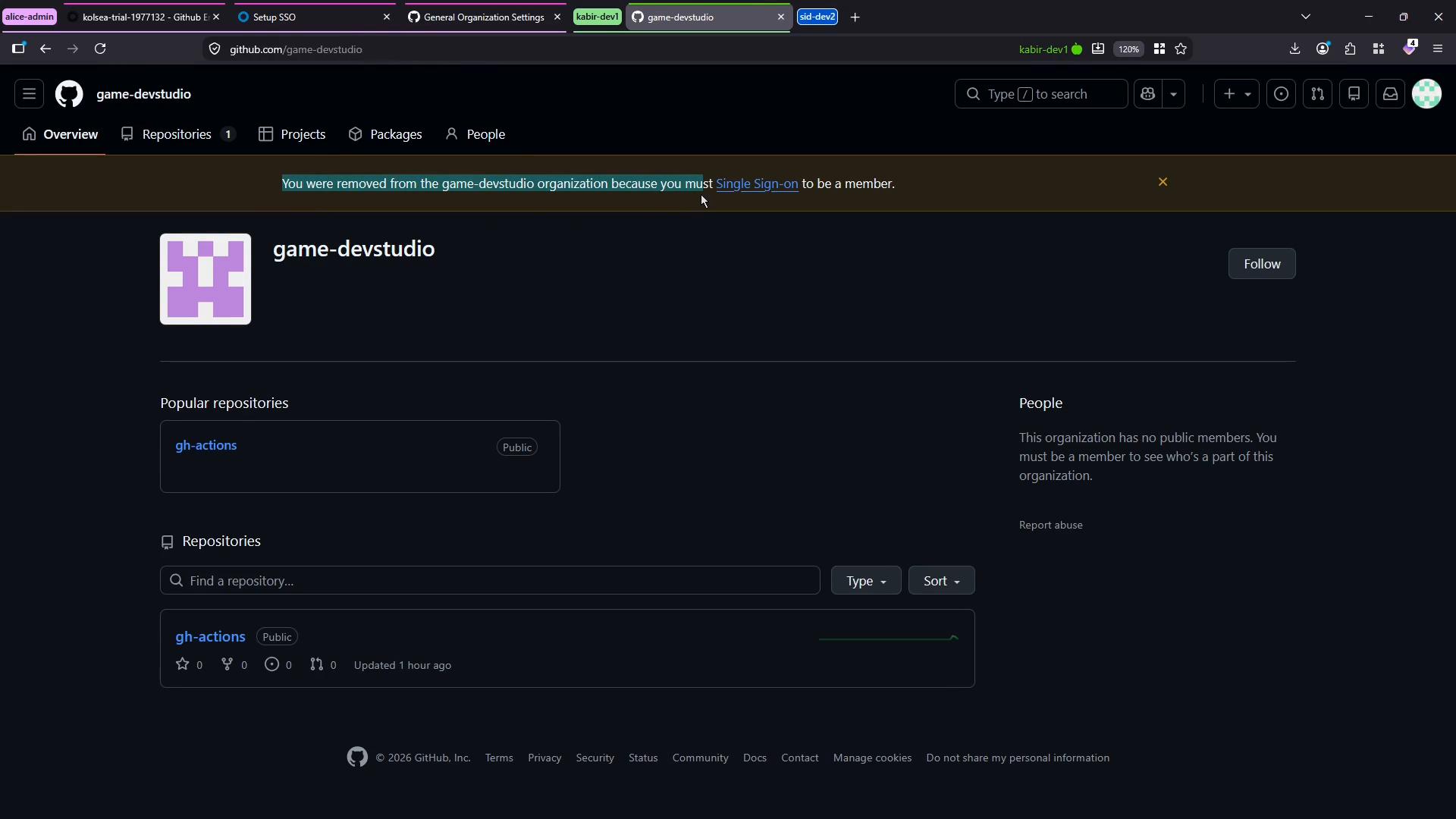 A screenshot of the GitHub organization page for "game-devstudio" showing a listed repository ("gh-actions"). A brown notification banner at the top says the user was removed and must use Single Sign-on to be a member.