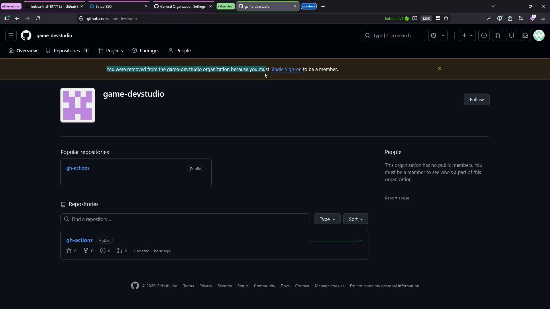 A screenshot of the GitHub organization page for "game-devstudio" showing a listed repository ("gh-actions"). A brown notification banner at the top says the user was removed and must use Single Sign-on to be a member.