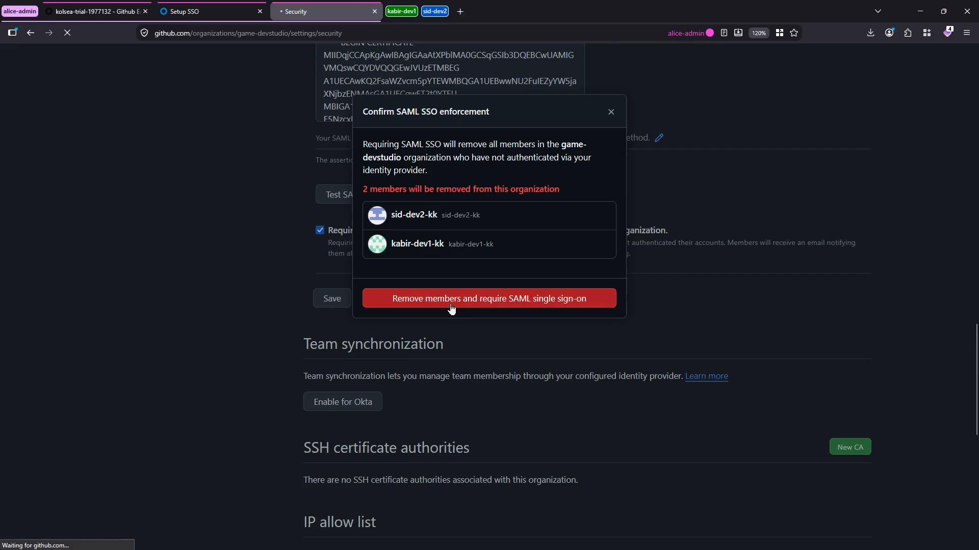 A GitHub organization Security settings page with a confirmation dialog warning that enforcing SAML SSO will remove two members and showing the affected accounts. The modal includes a red "Remove members and require SAML single sign-on" button, with team synchronization and SSH certificate authorities sections visible in the background.