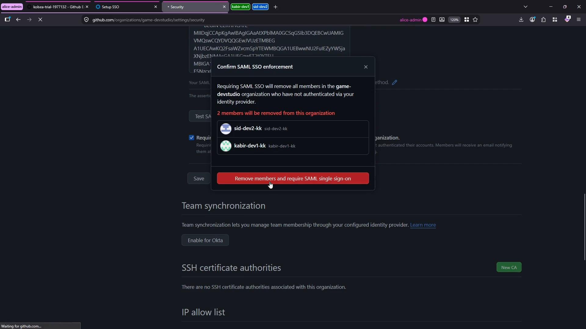 A GitHub organization Security settings page with a confirmation dialog warning that enforcing SAML SSO will remove two members and showing the affected accounts. The modal includes a red "Remove members and require SAML single sign-on" button, with team synchronization and SSH certificate authorities sections visible in the background.