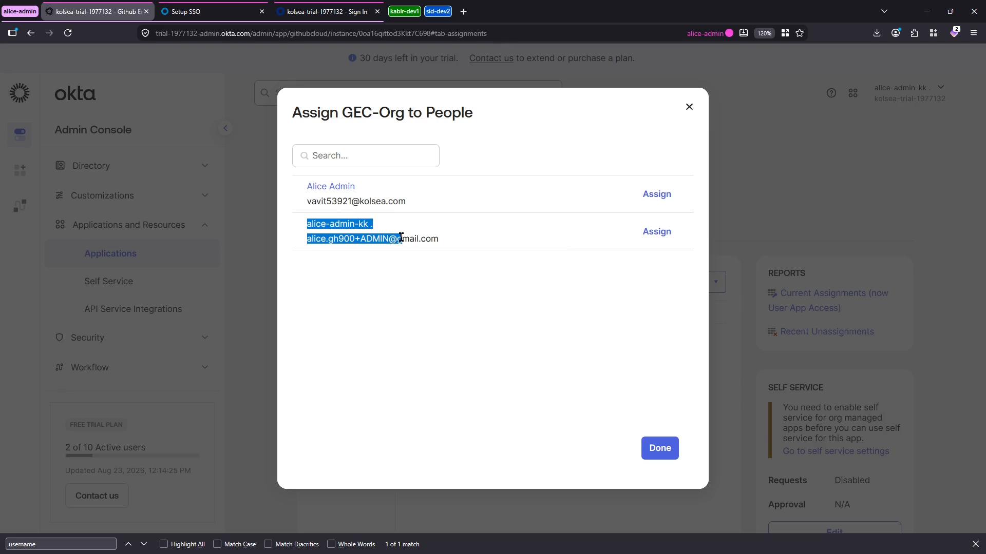 A screenshot of the Okta Admin Console showing a modal dialog titled "Assign GEC-Org to People." The dialog contains a search box and a list of user accounts with "Assign" actions and a "Done" button.